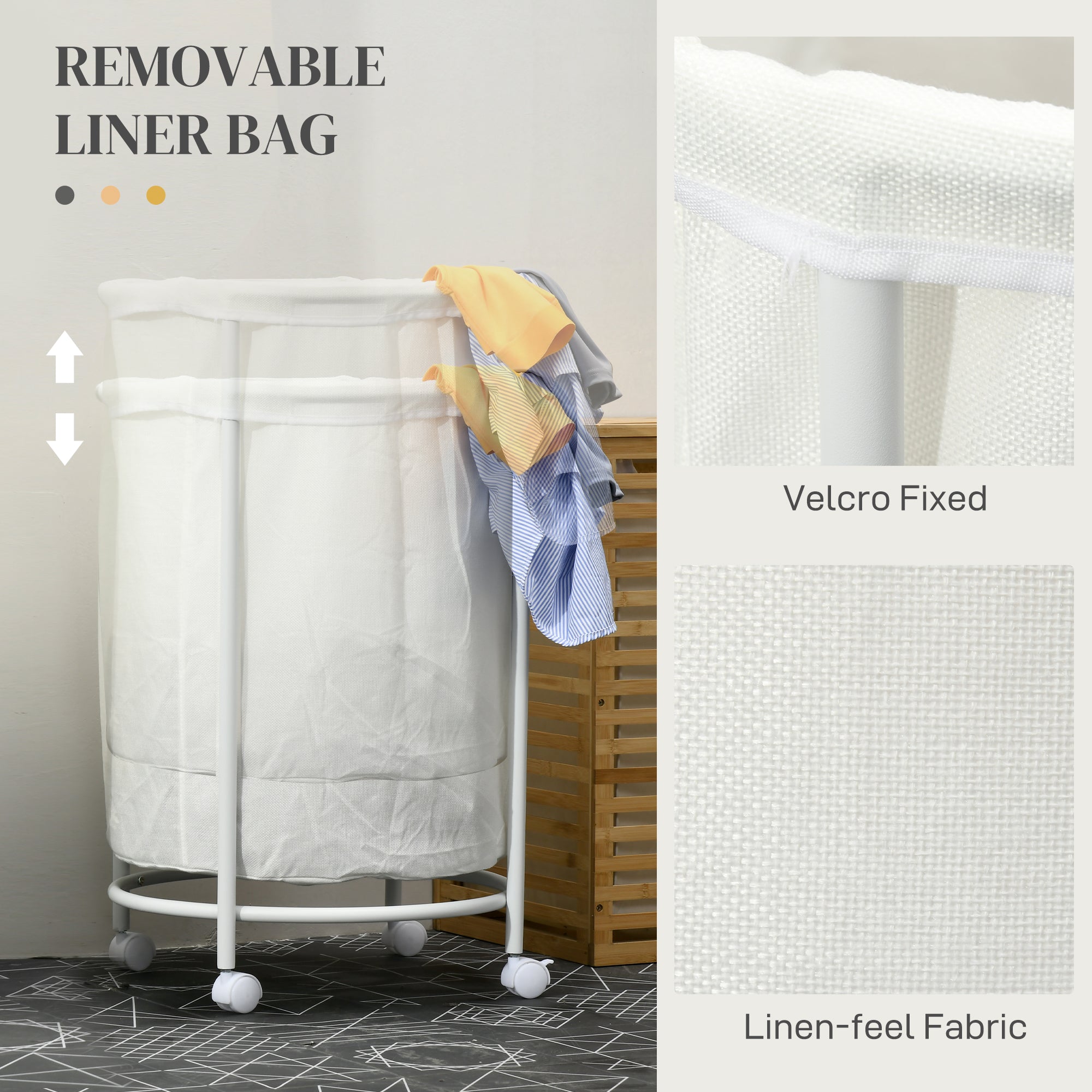 HOMCOM 100L Steel Frame Laundry Bin, with Wheels - White - North Peak Garden Furniture