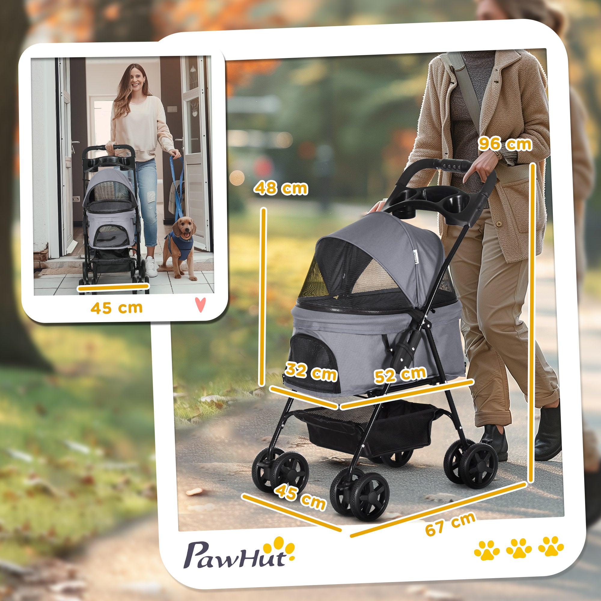 PawHut Dog Pram Dog Stroller Foldable Pet Pushchair with 4 Wheels, Safety Leashes, Cup Holder for Small Dogs, Grey - North Peak Garden Furniture