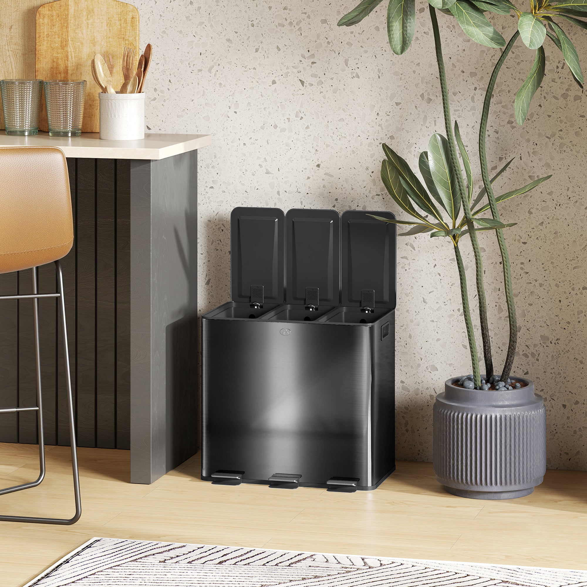 HOMCOM 3 x 15L Pedal Bin, Steel Triple Kitchen Bin with Soft Close Lid, Removable Inner Buckets, Fingerprint-Proof, Black - North Peak Garden Furniture