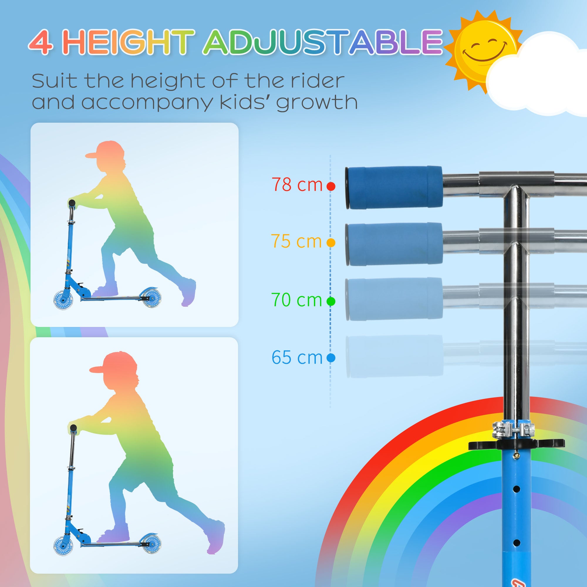 HOMCOM Kids Scooter, with Lights, Music, Adjustable Height, Foldable Frame, for Ages 3-7 Years - Blue - North Peak Garden Furniture