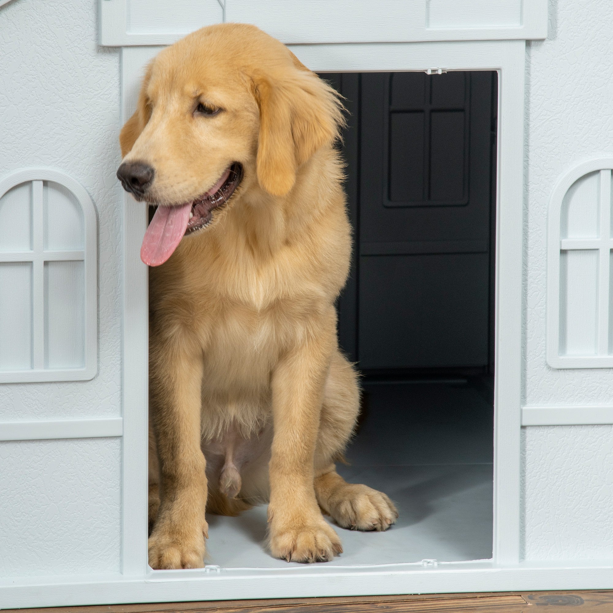 PawHut Plastic Weather-Resistant Dog House, for Indoors and Outdoors, Large Dogs - White and Blue - North Peak Garden Furniture