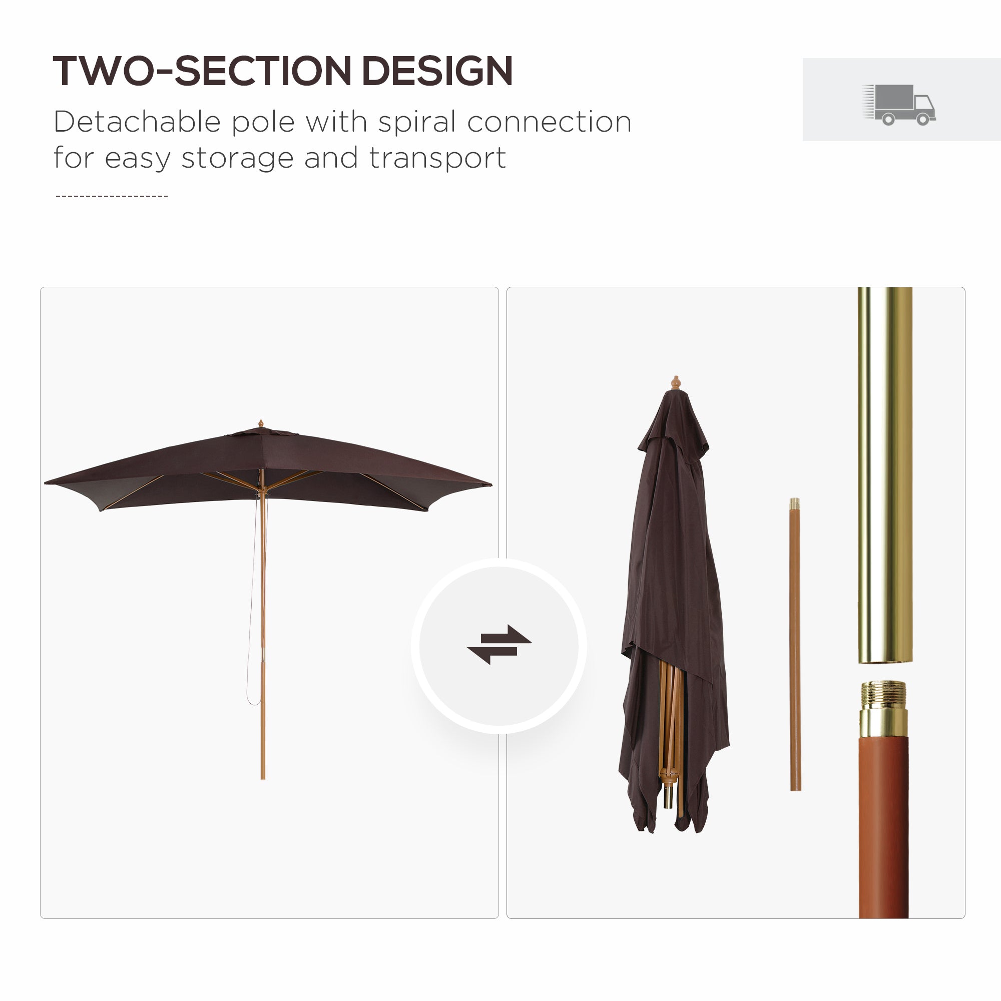 Outsunny 2 x 3m Wooden Garden Parasol Umbrella Outdoor Sun Shade Canopy, Dark Coffee - North Peak Garden Furniture