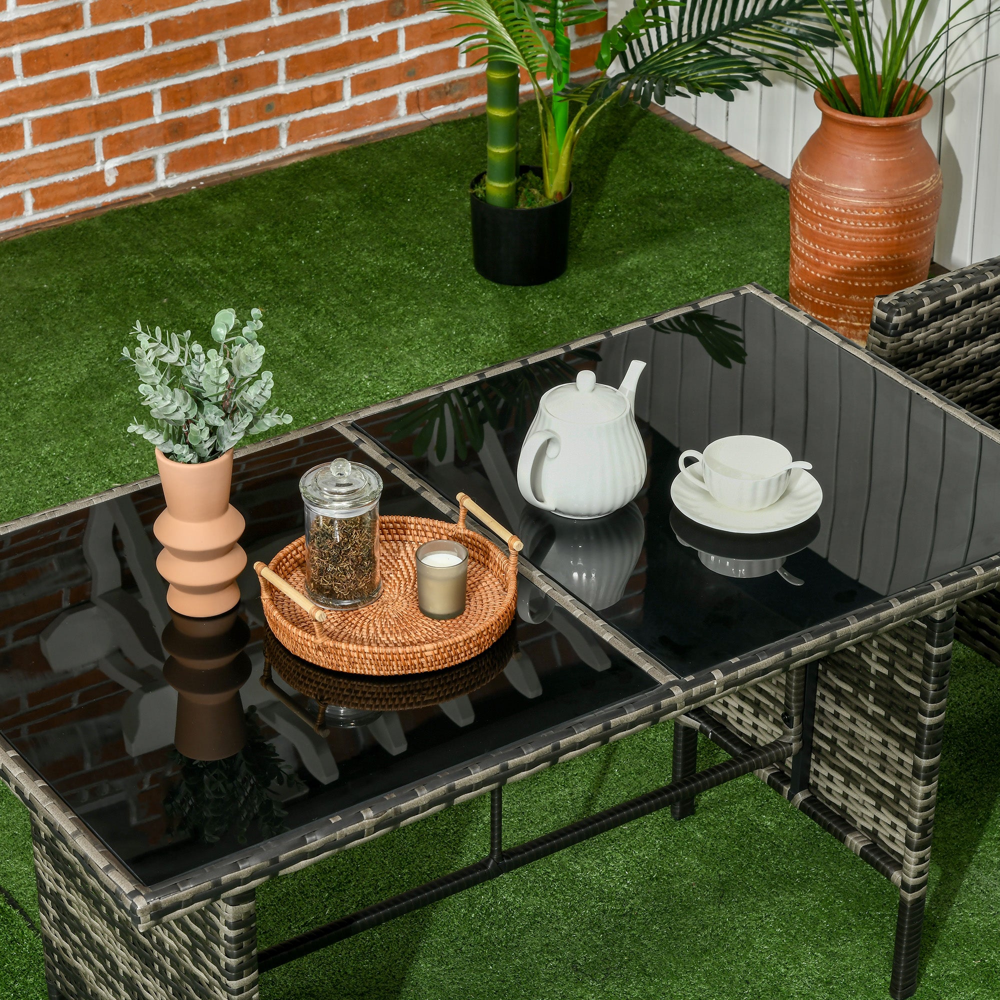 Outsunny 5 Seater Rattan Garden Furniture Set, 2 Armchairs, 3-seater Wicker Sofa, 2 Footstools and Glass Table, 6 Piece Patio Rattan furniture Sofa Sets with Cushions for Conservatory, Grey - North Peak Garden Furniture