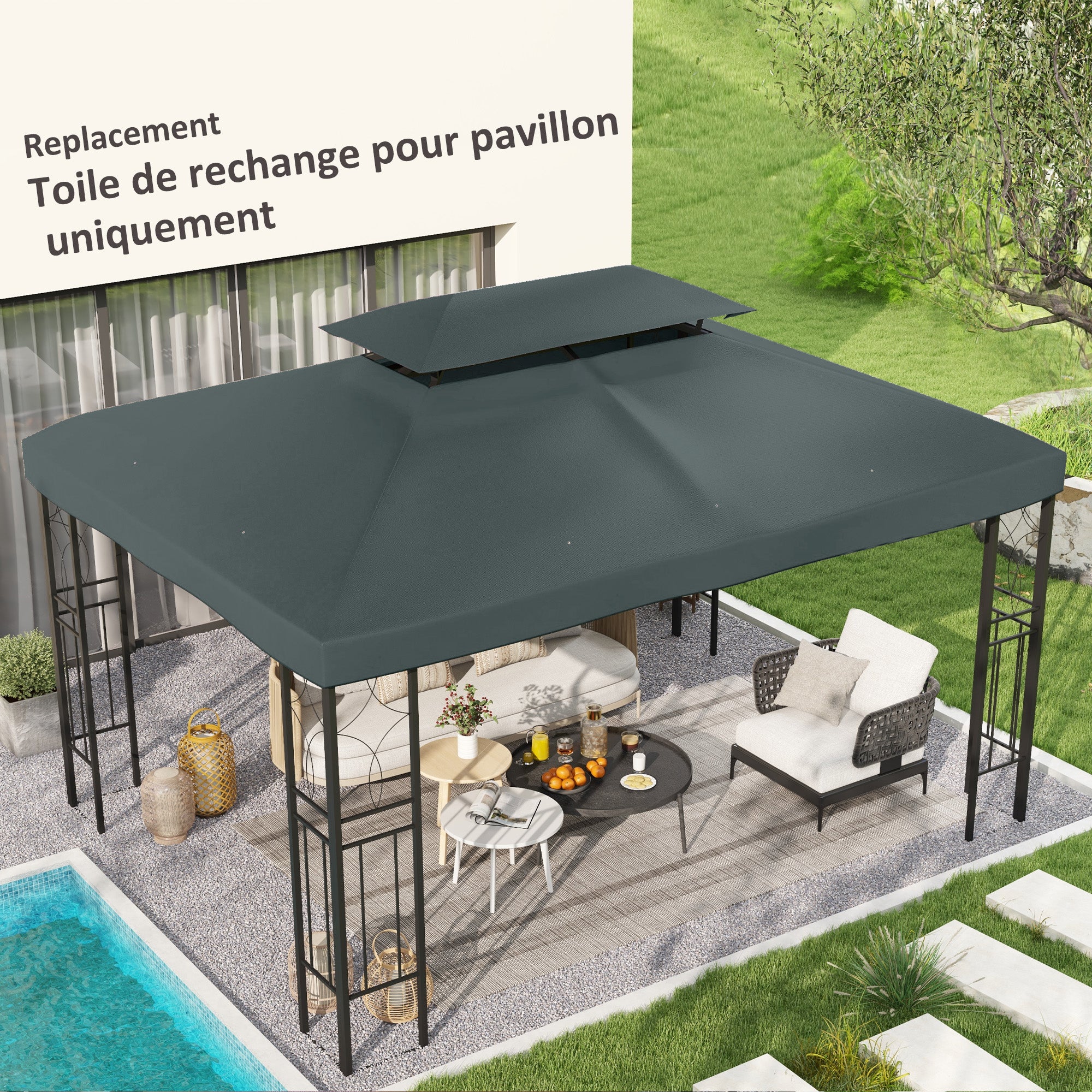 Outsunny 3x4m Gazebo Canopy Replacement Cover, 2 Tier Top Roof UV Cover Garden Patio Outdoor Sun Awning Shelters, Charcoal Grey (TOP COVER ONLY) - North Peak Garden Furniture