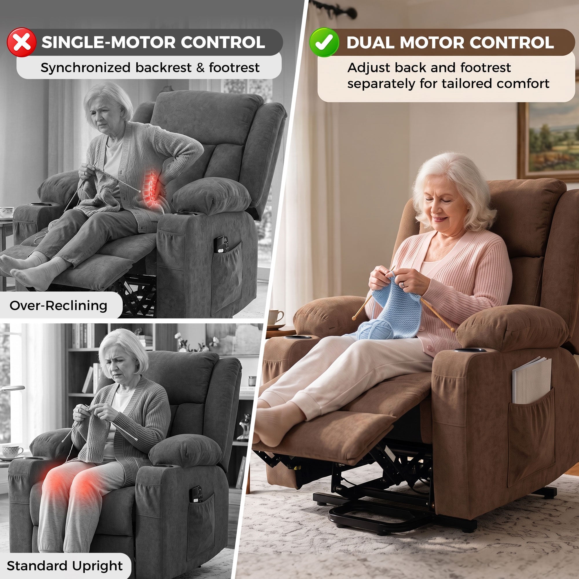 HOMCOM Dual Motor Recliner Chair, 55° Electric Lift Chair for Elderly, Recliner Armchair with Massage and Heat, Brown