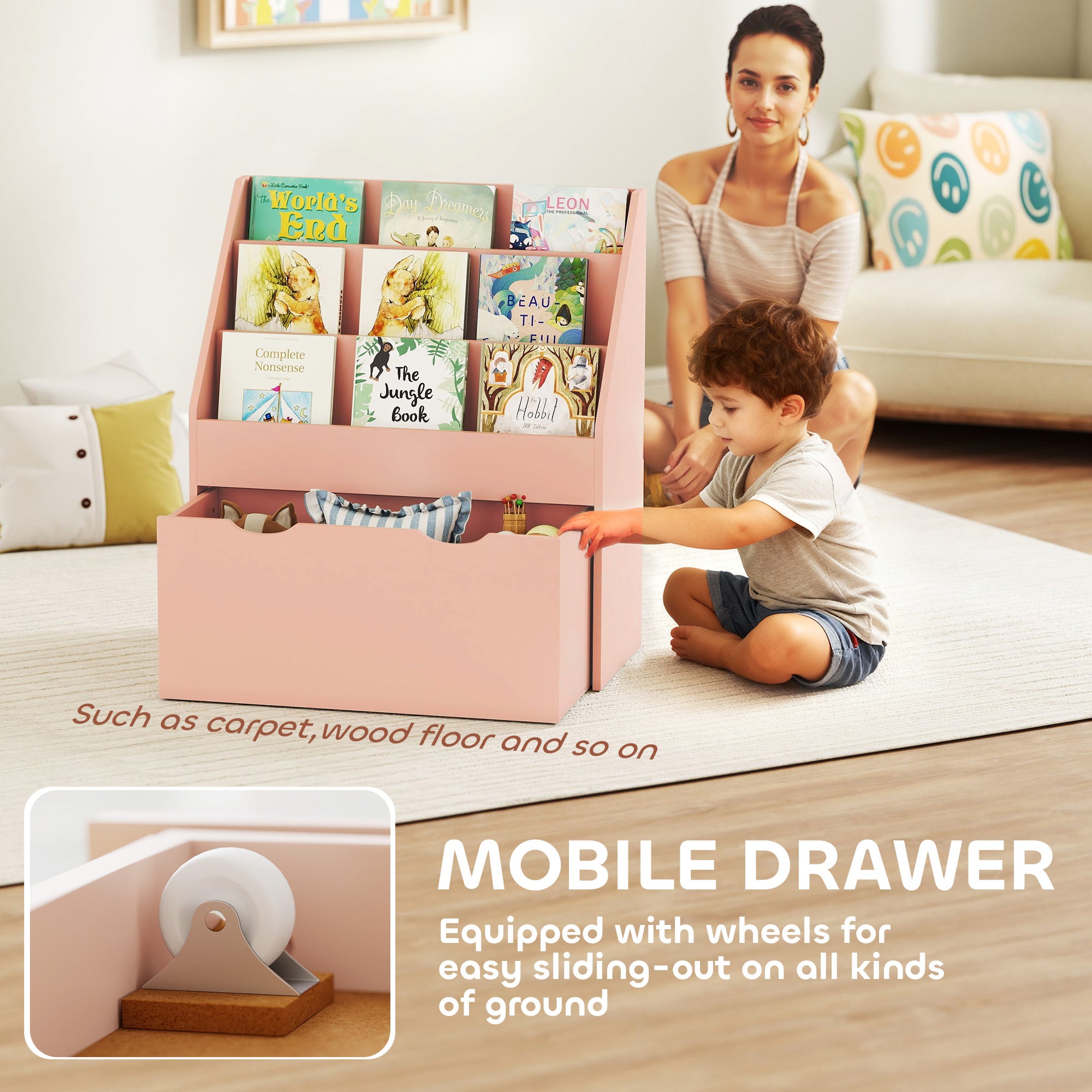 AIYAPLAY Bookcase for Kids with Shelves, Drawer, Bookcase for Bedroom, Playroom, Pink