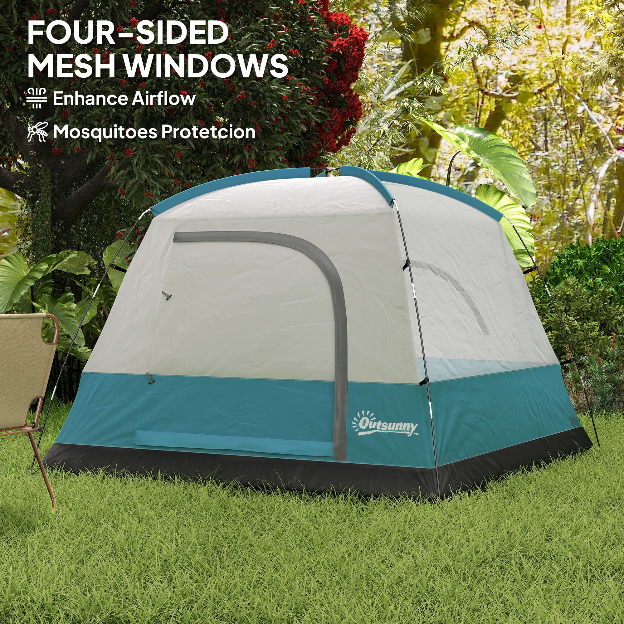Outsunny 3-4 Person Camping Tent, Easy Set Up Waterproof Dome Tent with Sewn-in Groundsheet, Mesh Windows, Pocket and Hook for Camping, Hiking, Backpacking, Navy Blue and Light Blue - North Peak Garden Furniture