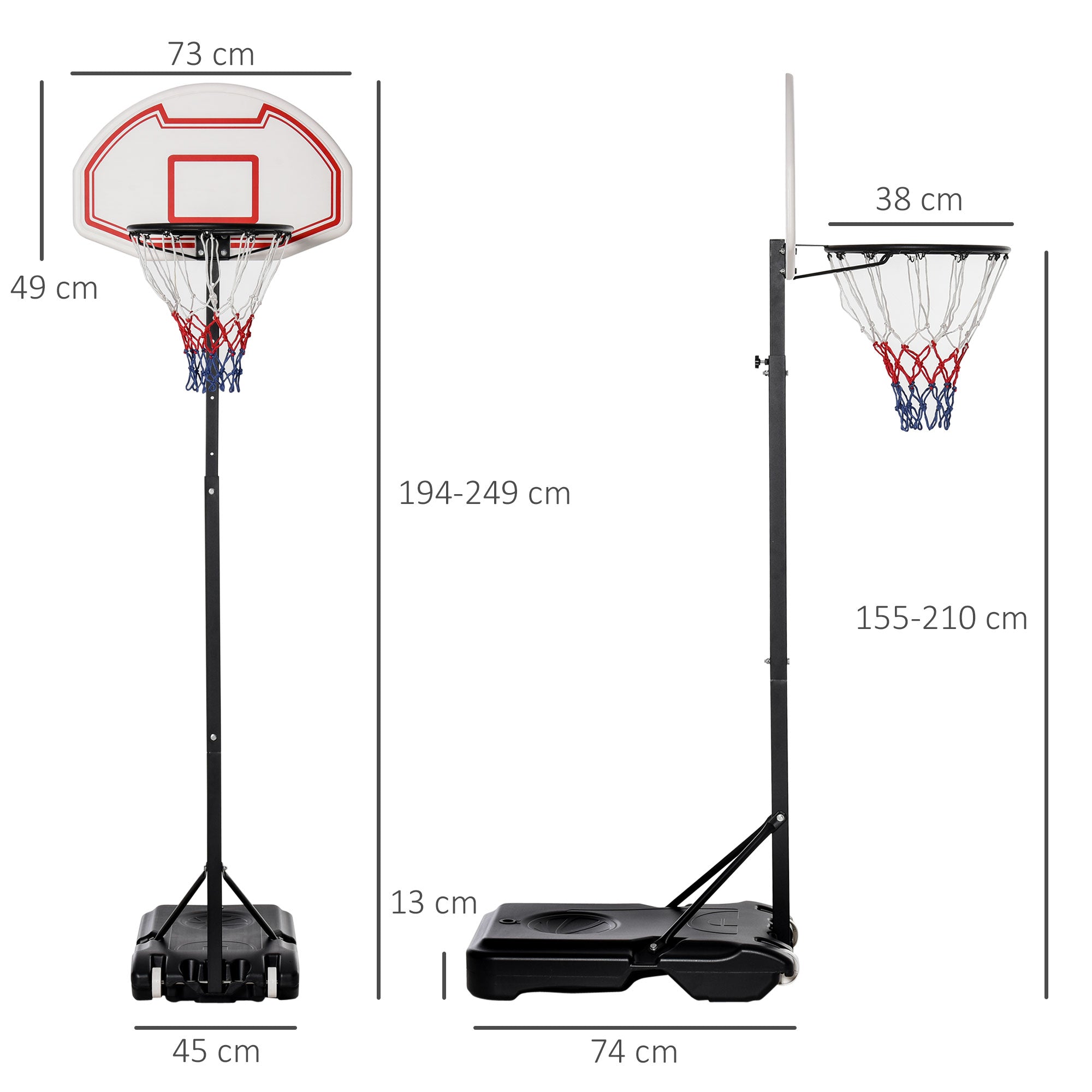 HOMCOM Portable Basketball Hoop Stand Freestanding Sports System Adjustable Height 1.55-2.1M on Wheels for Teenagers Adults, White