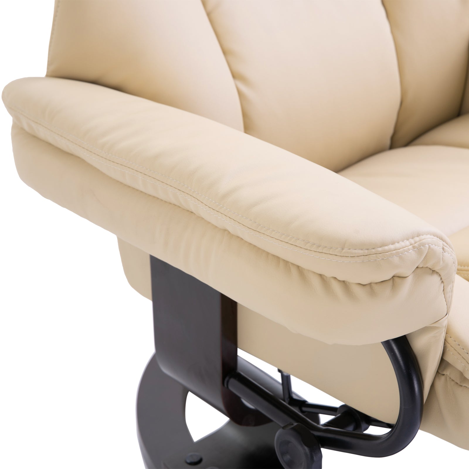 HOMCOM Faux Leather Recliner Chair and Footstool, Swivel Upholstered Armchair and Footstool with Adjustable Backrest, Solid Wood Base for Living Room, Cream - North Peak Garden Furniture