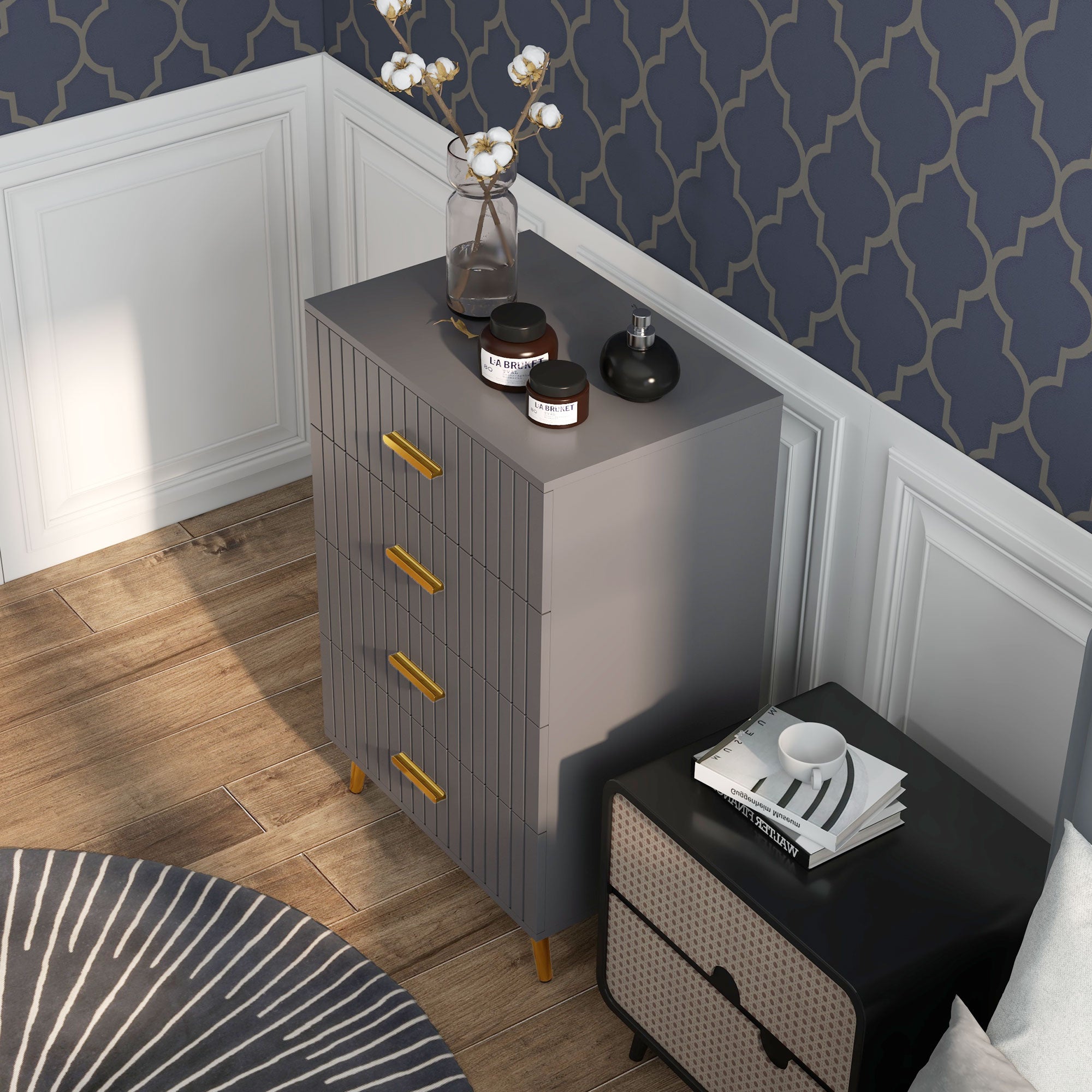 HOMCOM Four Drawer Embossed Line Dresser - Grey/Gold Tone - North Peak Garden Furniture