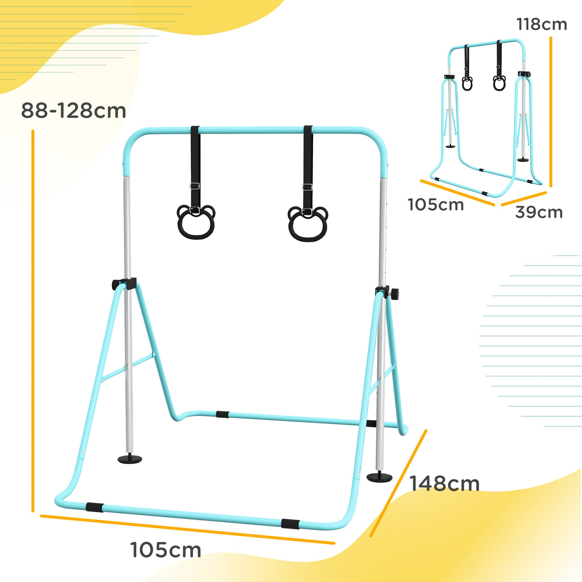 HOMCOM Adjustable Height, Foldable Kids Gymnastics Bar w/ Non-Slip Mats, for 3+ Years, Green