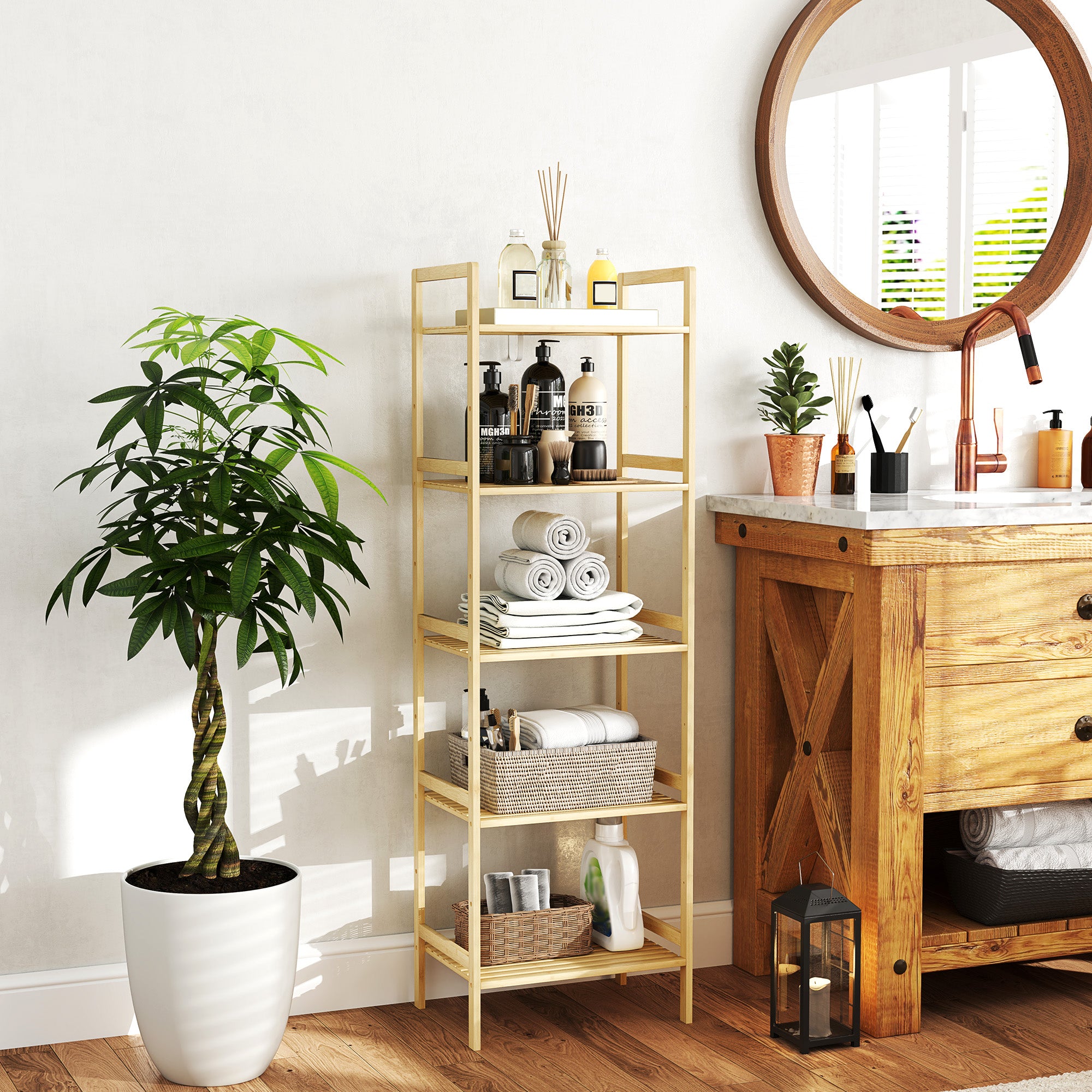 HOMCOM 5-Tier Bamboo Bathroom Storage Shelf, Freestanding Shelving Unit with Adjustable Rack for Kitchen Bathroom Living Room, Natural Wood Finish - North Peak Garden Furniture