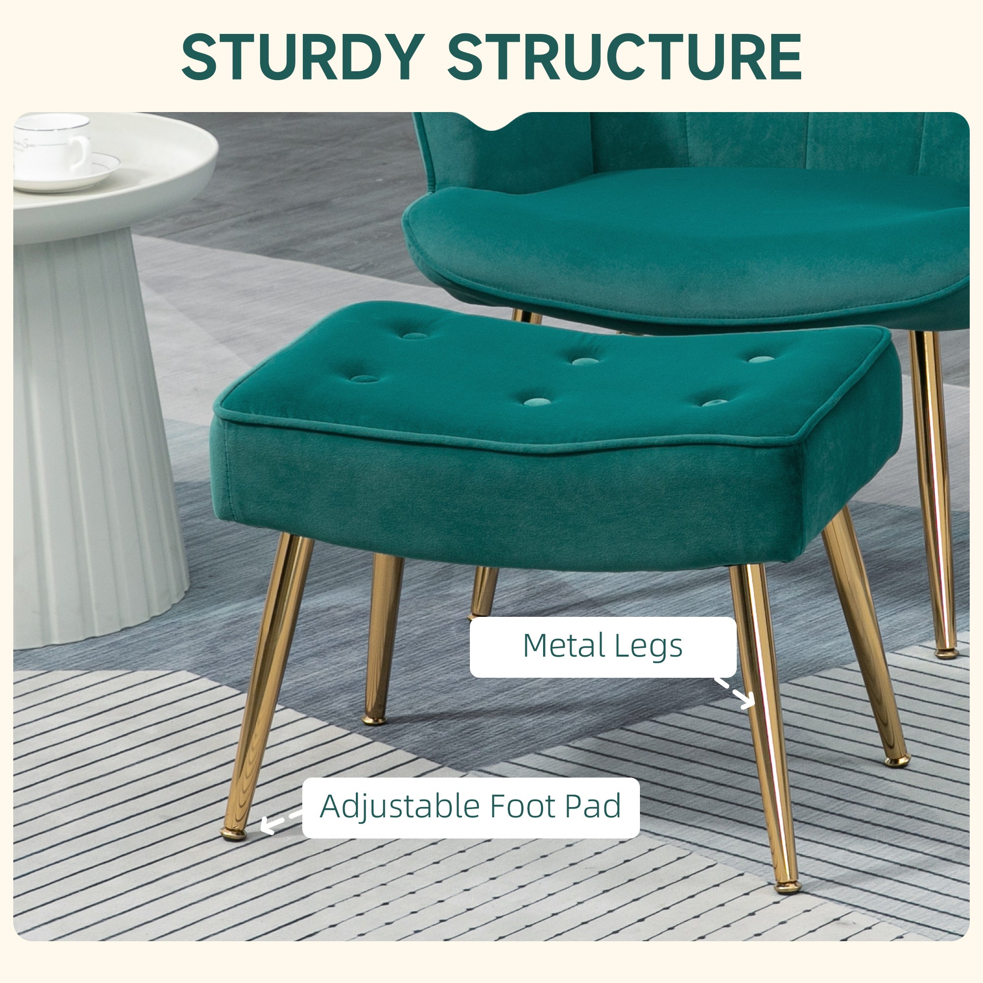 HOMCOM Modern Armchair with Footstool, Upholstered Accent Chair with Ottoman, Steel Legs, Velvet Wingback Chair for Living Room, Bedroom, Home Study, Dark Green - North Peak Garden Furniture