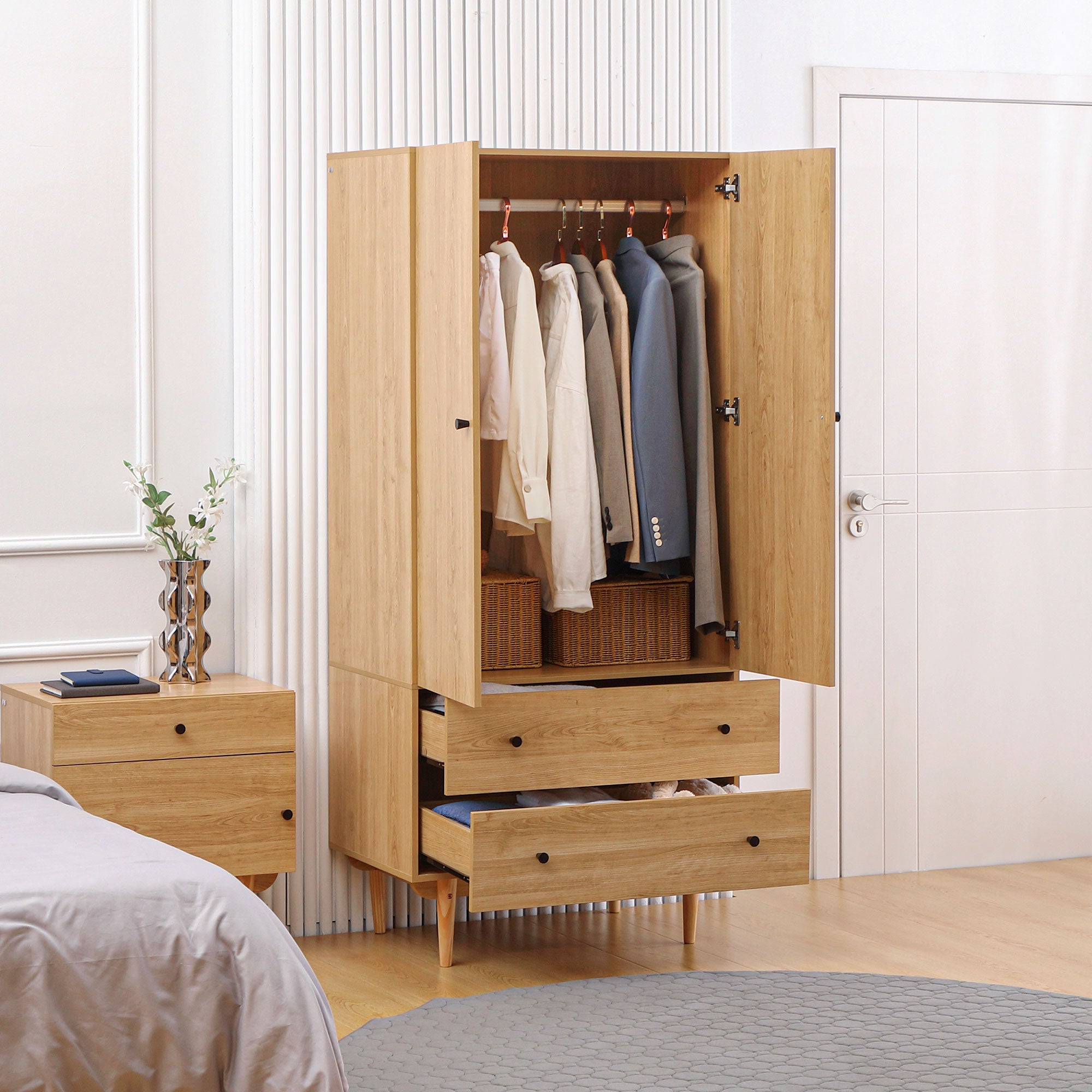HOMCOM Wardrobe with 2 Doors, 2 Drawers, Hanging Rail for Bedroom Clothes Storage Organiser, 80x52x180cm, Natural Tone - North Peak Garden Furniture