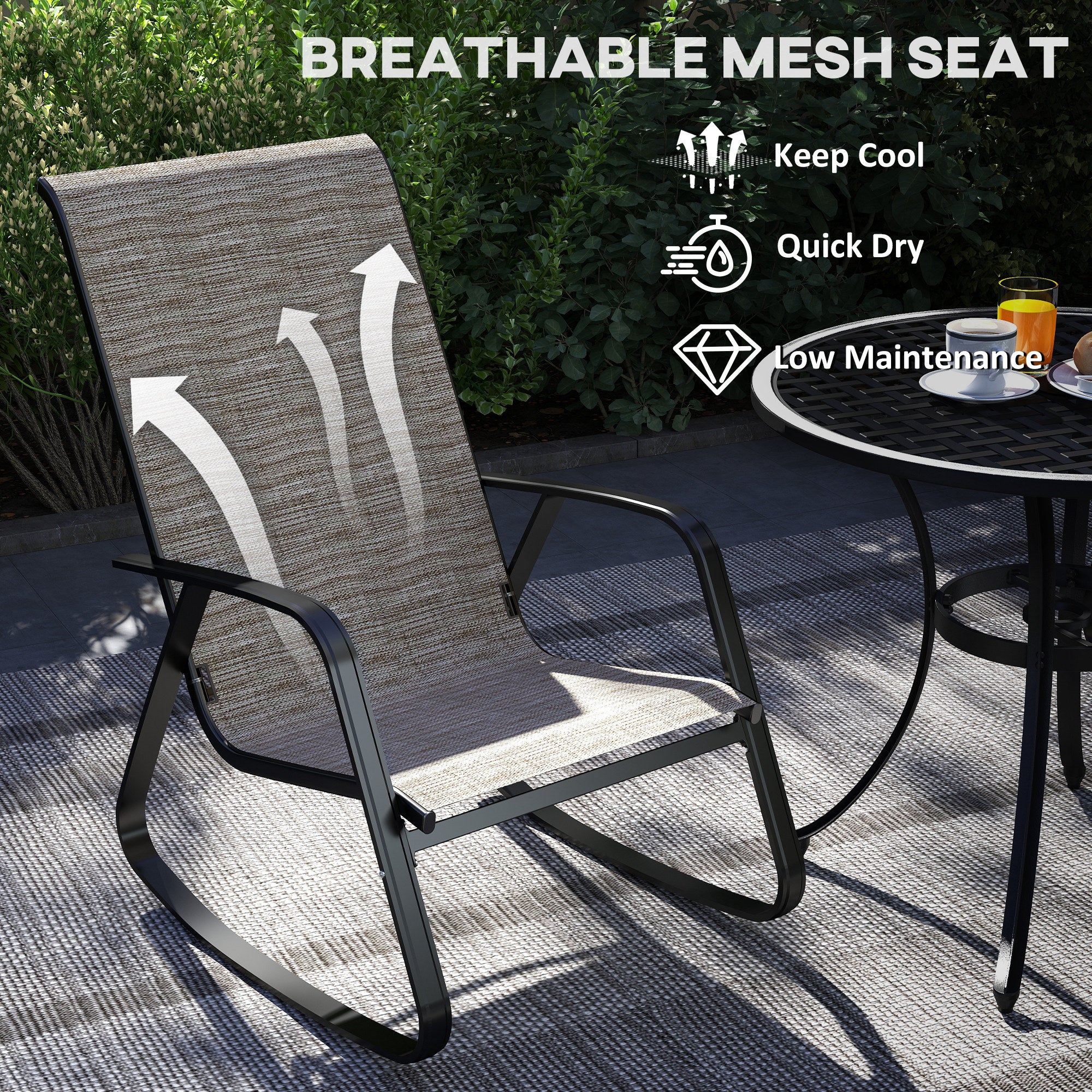 Outsunny Garden Rocking Chairs Set of 2, Ergonomic Outdoor Rocking Chairs with Armrests, High Backrest, Steel Frame Relaxing Rocker Armchair Seats for Patio, Balcony, Porch, Light Brown - North Peak Garden Furniture