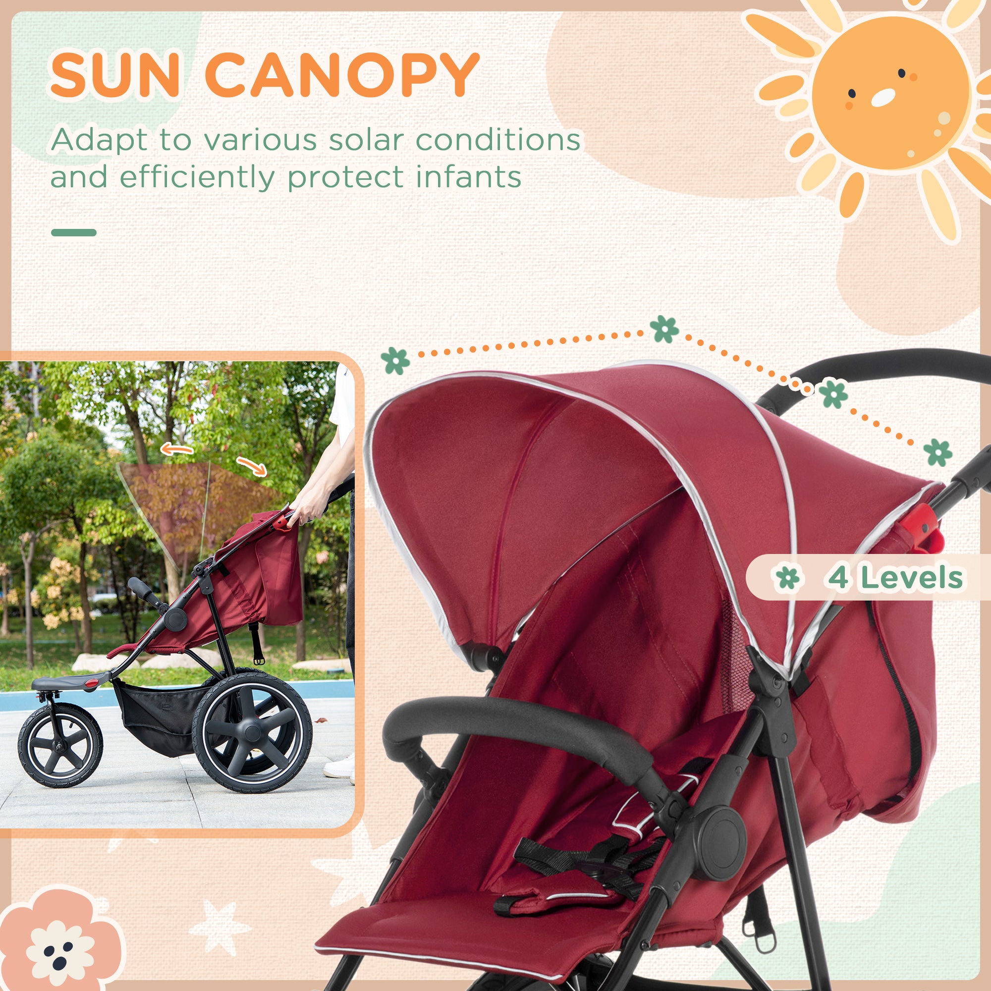 HOMCOM Foldable Three-Wheeler Baby Stroller w/ Canopy, Storage Basket - Red - North Peak Garden Furniture