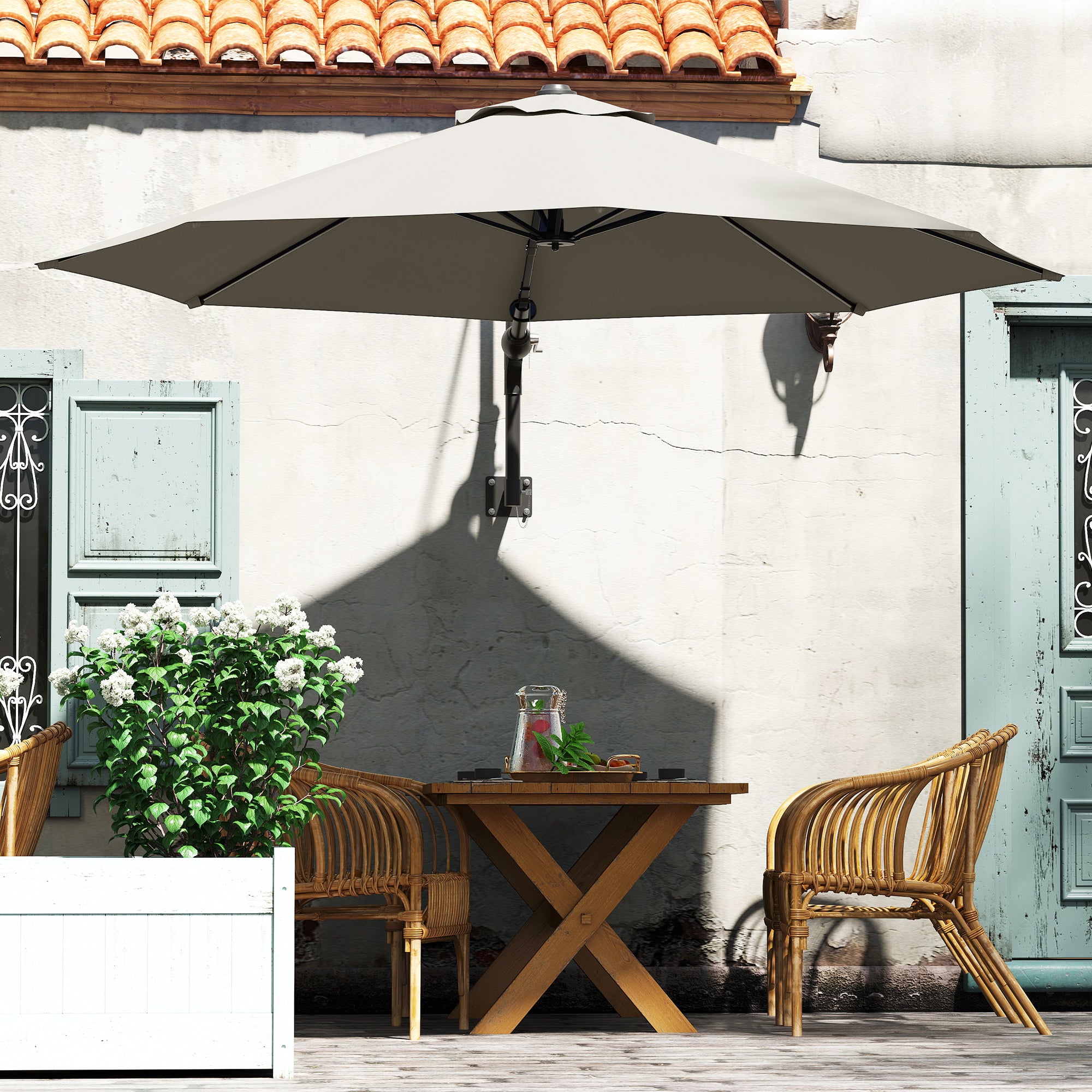 Outsunny 3(m) Wall-Mounted Parasol Shade, with Handle - Light Grey - North Peak Garden Furniture