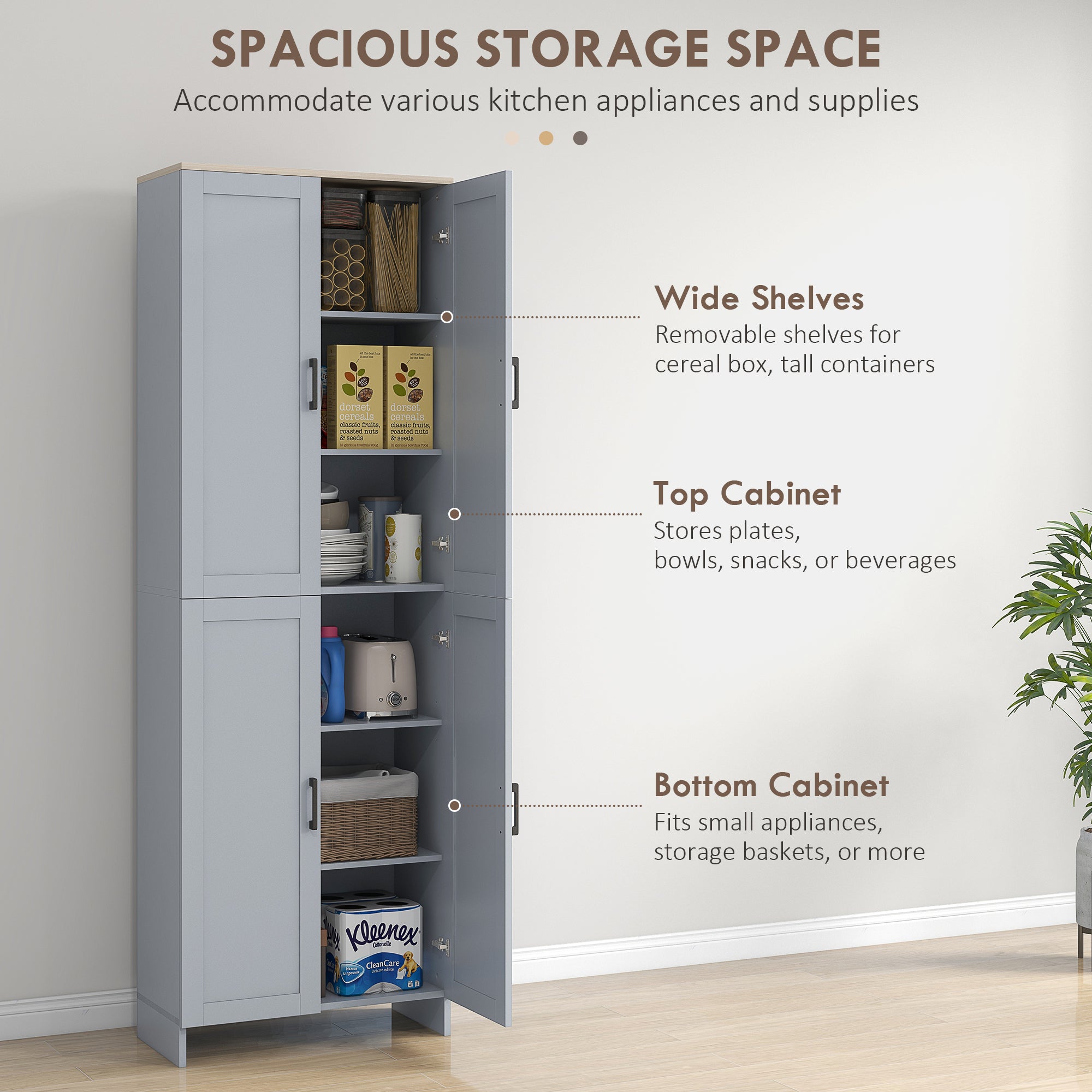 HOMCOM Freestanding Kitchen Cupboard, 4-Door Storage Cabinet Organizer with Adjustable Shelves Grey - North Peak Garden Furniture