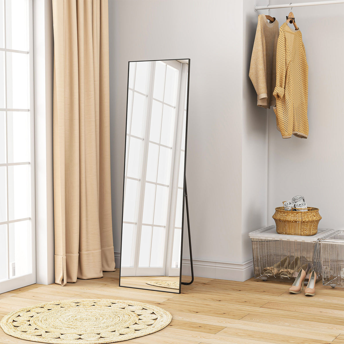 HOMCOM Full Length Mirror, Aluminium Alloy Framed Full Body Mirror with Tempered Glass, Standing or Wall Hanging, Black
