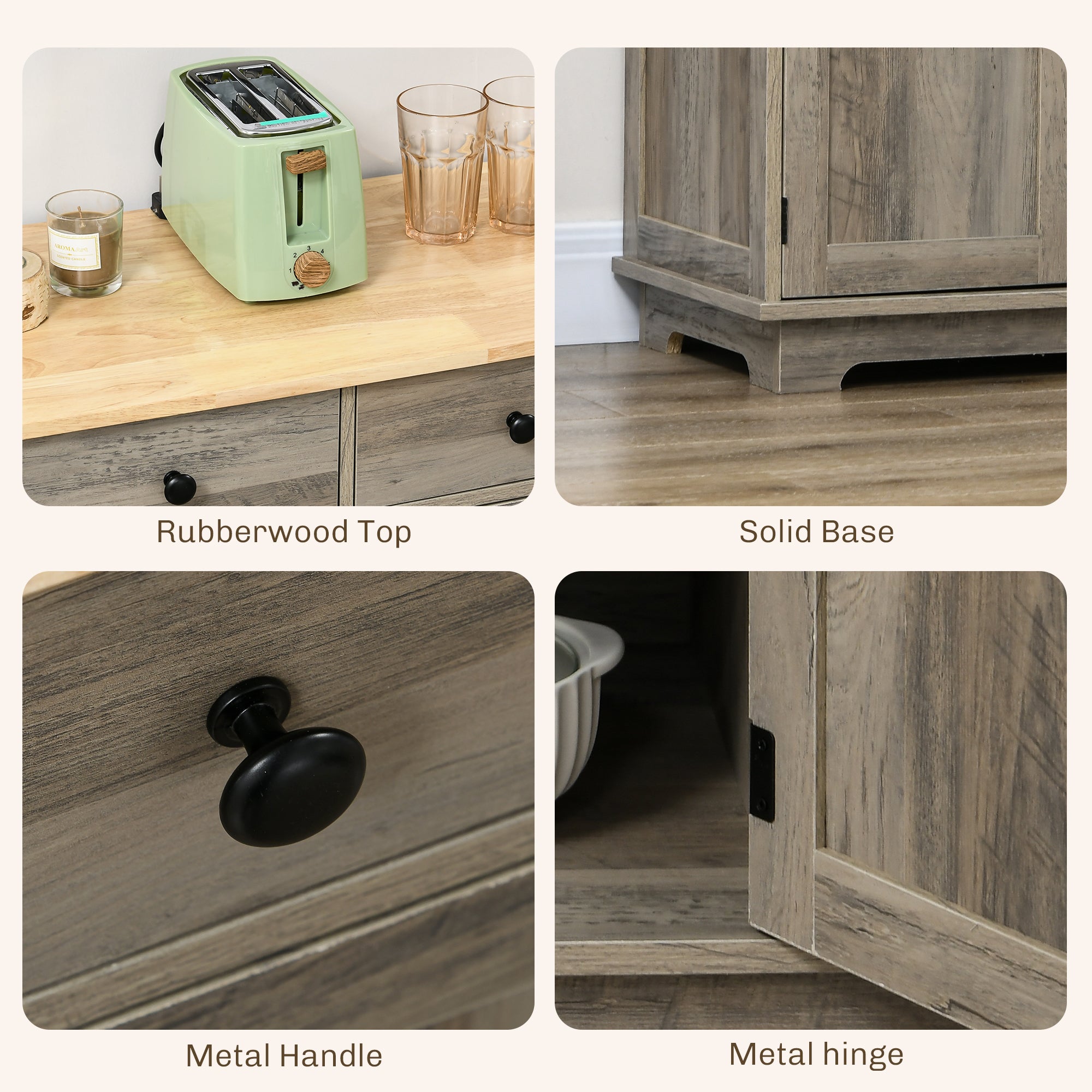 HOMCOM Modern Sideboard with Rubberwood Top, Buffet Cabinet with Storage Cabinets, Drawers and Adjustable Shelves for Dining Room, Kitchen, Grey Wood-Effect - North Peak Garden Furniture