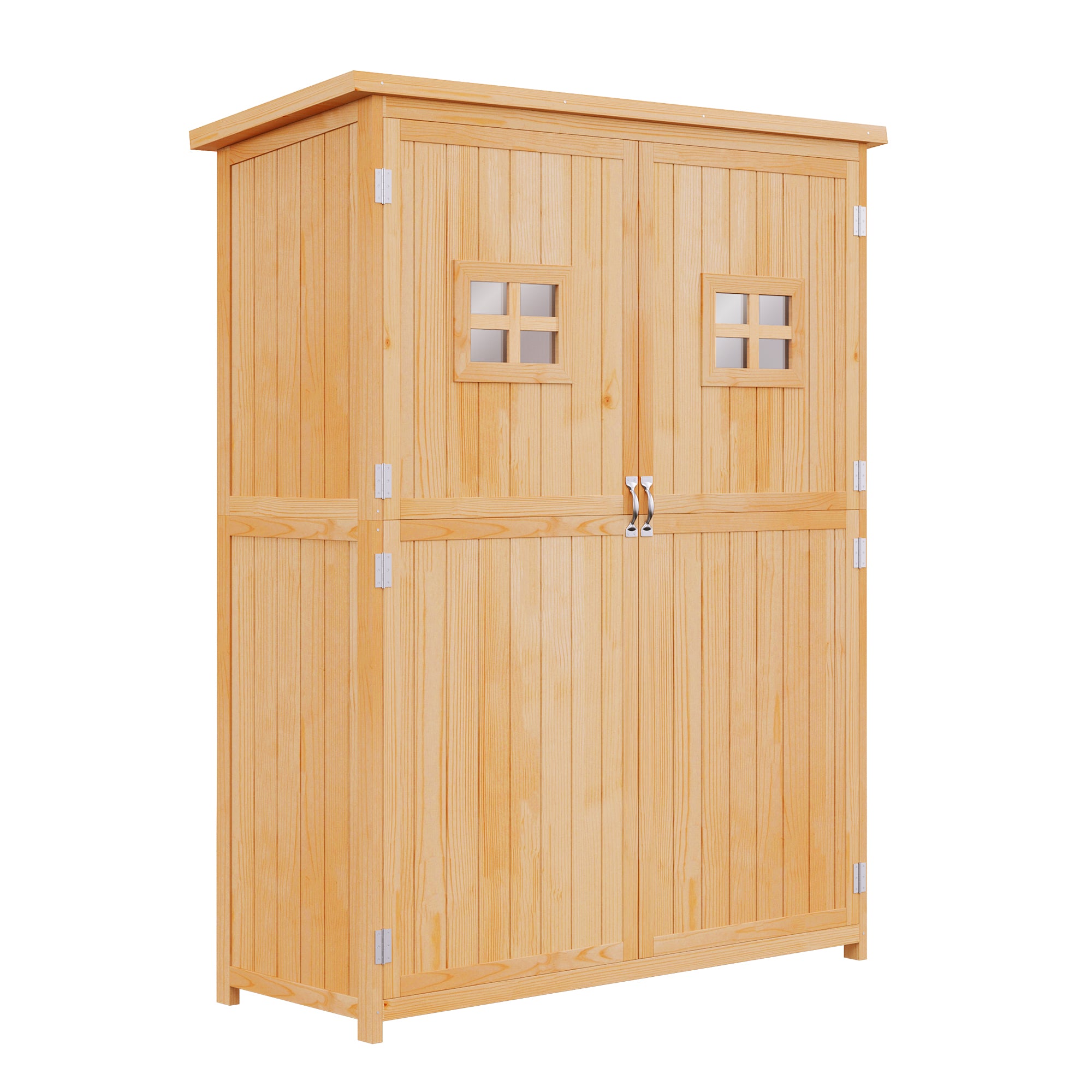 Outsunny Wooden Garden Shed with Two Windows, Tool Storage Cabinet, Outdoor Double Door Organizer 127.5L x 50W x 164H cm, Natural - North Peak Garden Furniture