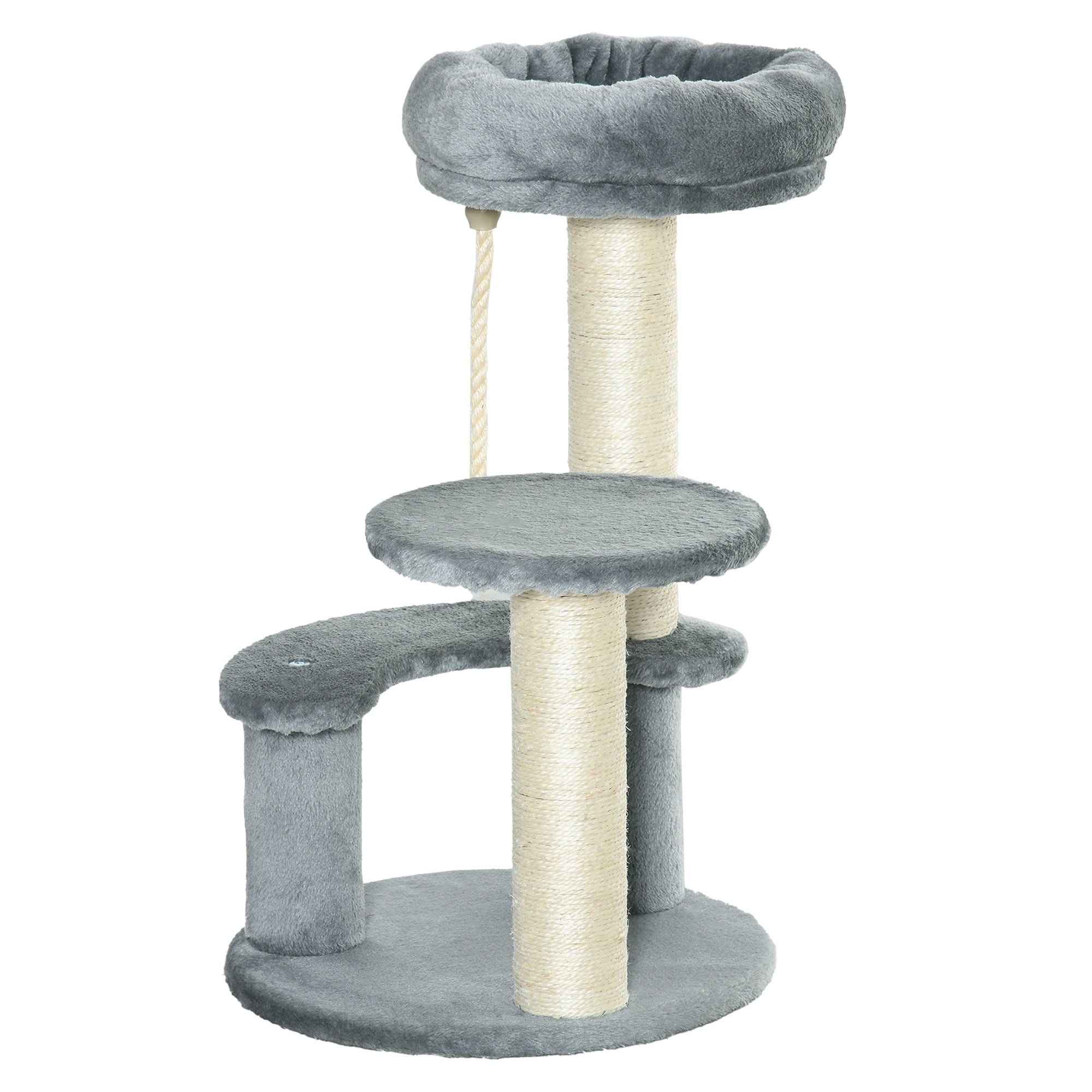 PawHut 65cm Cat Tree, Cat Tower for Kittens, Small Cat Condo with Sisal Scratching Posts, Hanging Rope, Perches - Grey - North Peak Garden Furniture