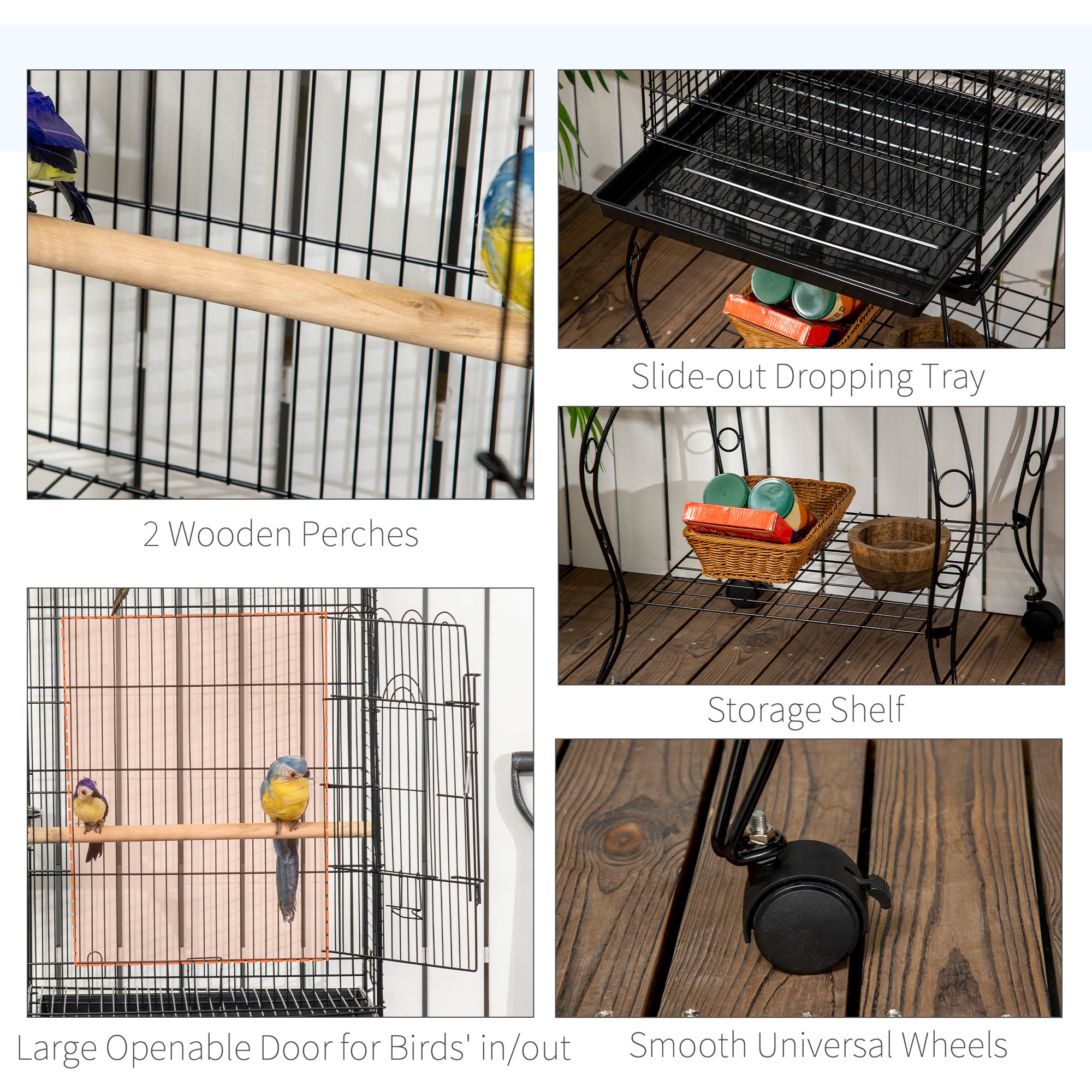 PawHut 1.53(m) Bird Cage, Pet Viary, Feeding Stand, with Wheels, Perch - North Peak Garden Furniture