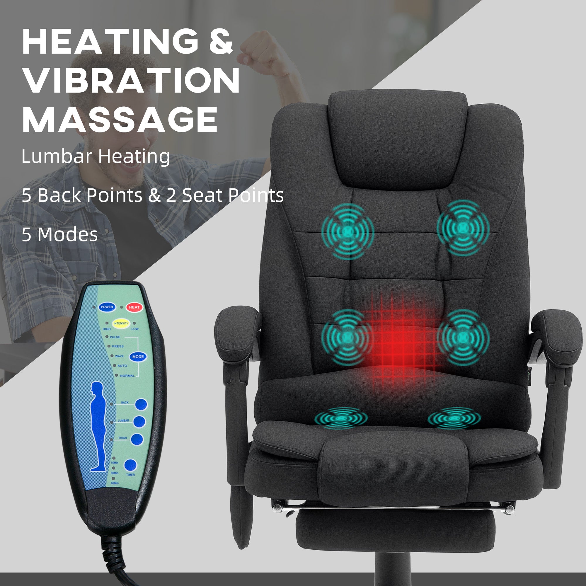 Vinsetto Heated 6 Points Vibration Massage Executive Office Chair Adjustable Swivel Ergonomic High Back Desk Chair Recliner with Footrest Black - North Peak Garden Furniture