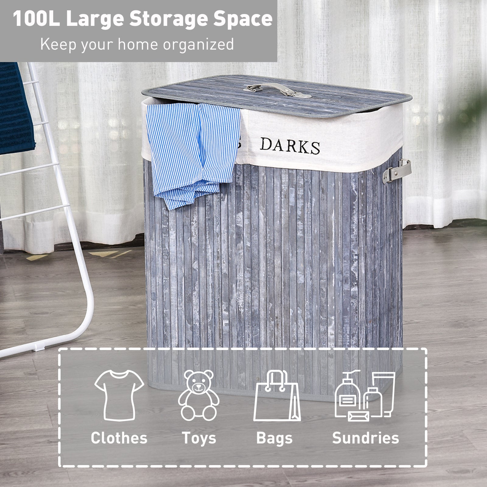 HOMCOM 100L Collapsible Natural Wood Laundry Hamper Organizer Clothes Washing Basket Bin Storage Box w/Lid Removable Lining 52x32x63cm, Grey - North Peak Garden Furniture