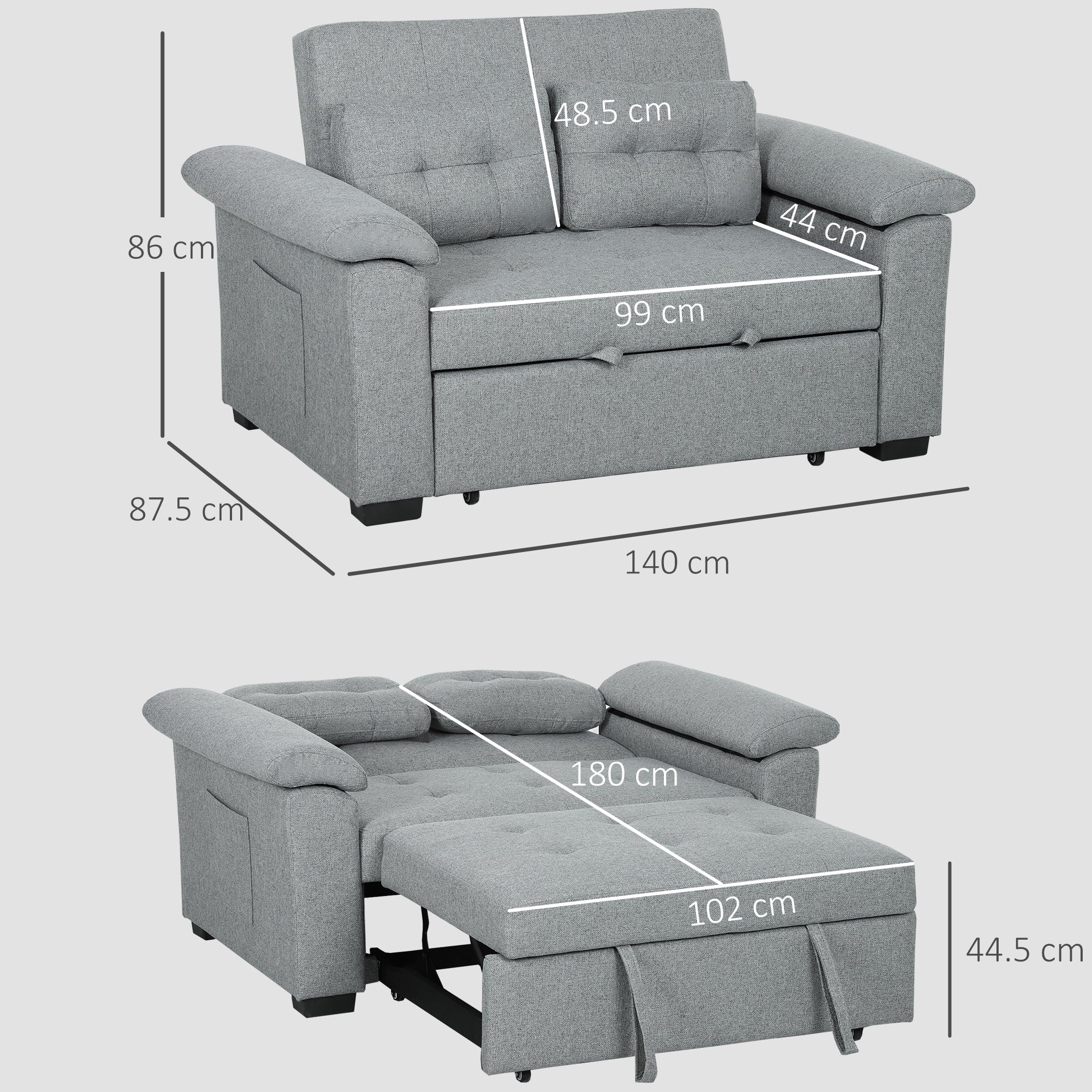 HOMCOM Pull Out Sofa Bed with 2 Pocket Springs, Fabric 2 Seater Click Clack Sofa Bed Settee, Convertible Sofa Couch with Pillows and Side Pockets for Living Room, Home Office, Light Grey - North Peak Garden Furniture