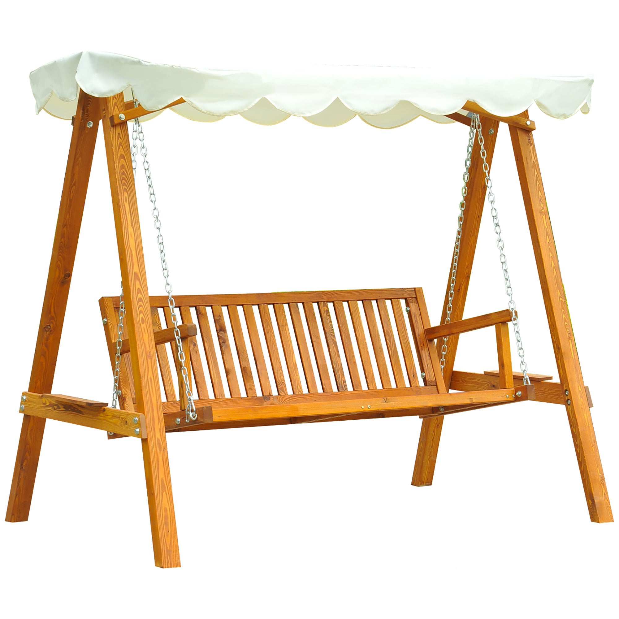 Outsunny 3 Seater Wooden Garden Swing Seat Canopy Swing Chair Outdoor Hammock Bench, Cream White - North Peak Garden Furniture