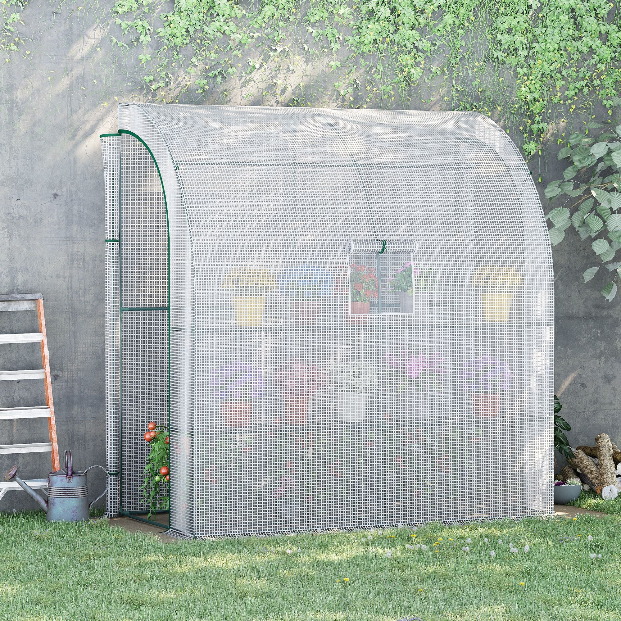Outsunny Walk-In Lean to Wall Greenhouse with Windows and Doors 2 Tiers 4 Wired Shelves 200L x 100W x 215Hcm White - North Peak Garden Furniture