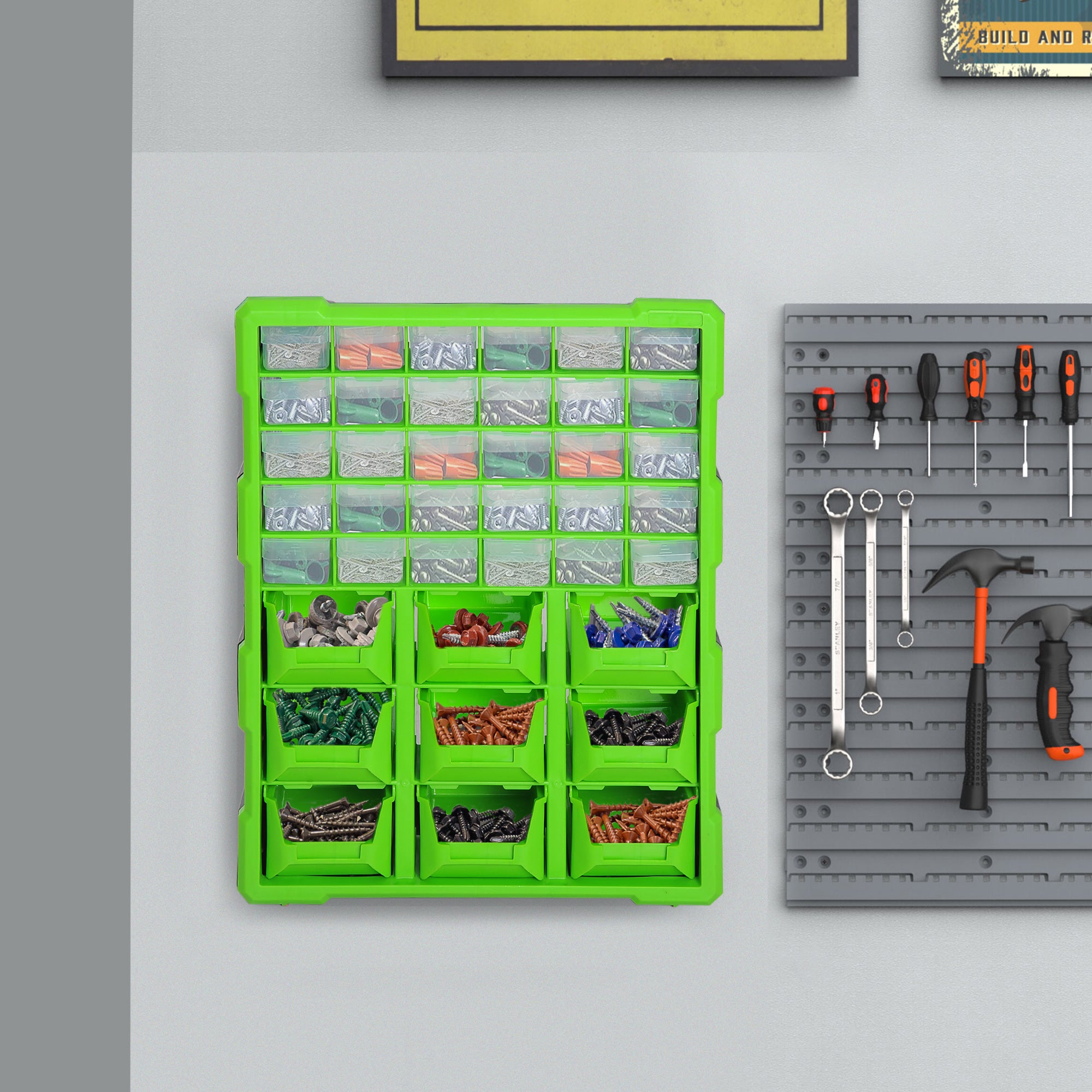 DURHAND Plastic 39 Drawer Parts Organiser Wall Mount Storage Cabinet Garage Small Nuts Bolts Tool Clear - North Peak Garden Furniture