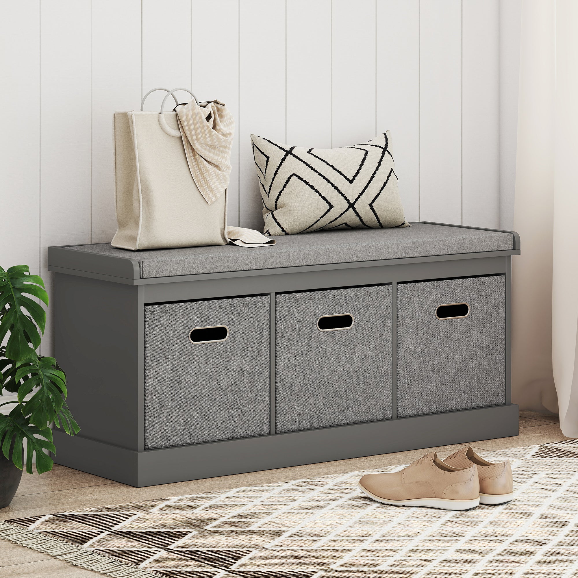 HOMCOM Three-Drawer Shoe Storage Bench, with Padded Top Seat - Grey