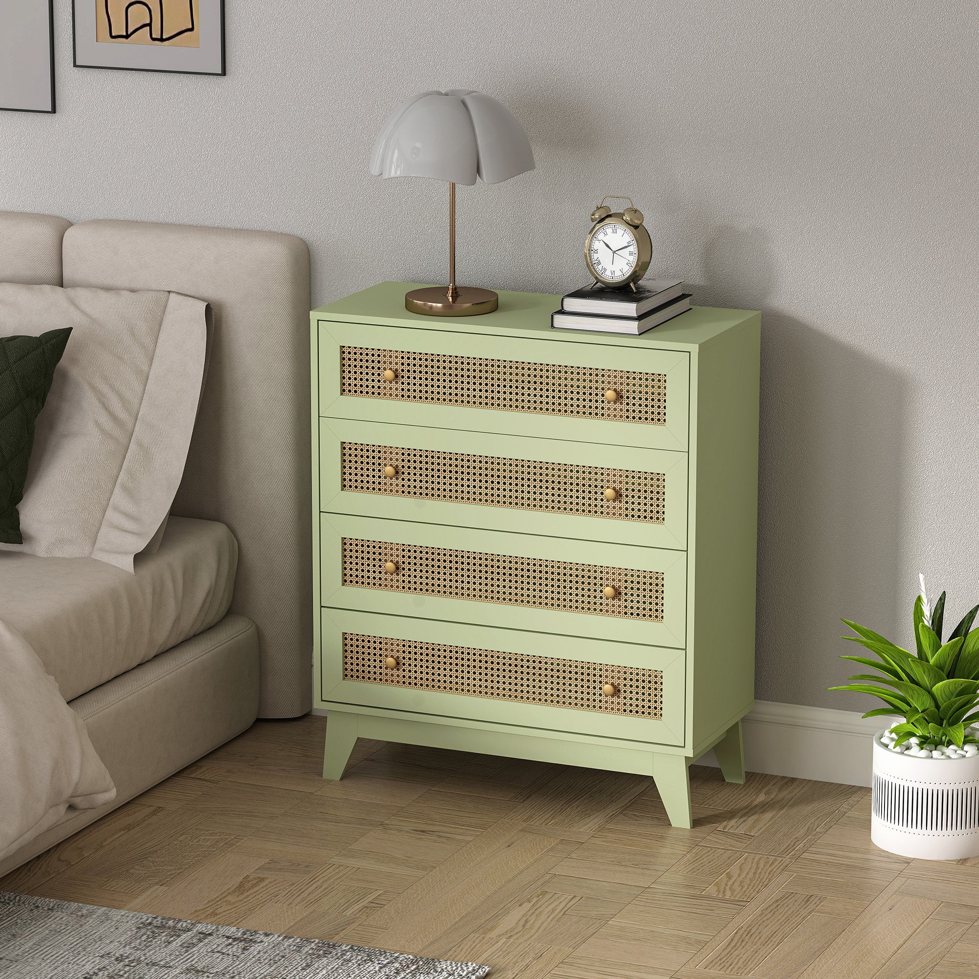 HOMCOM Chest of Drawers, 4-Drawer Storage Organiser Unit with Rattan Element for Bedroom, Living Room, Light Green - North Peak Garden Furniture