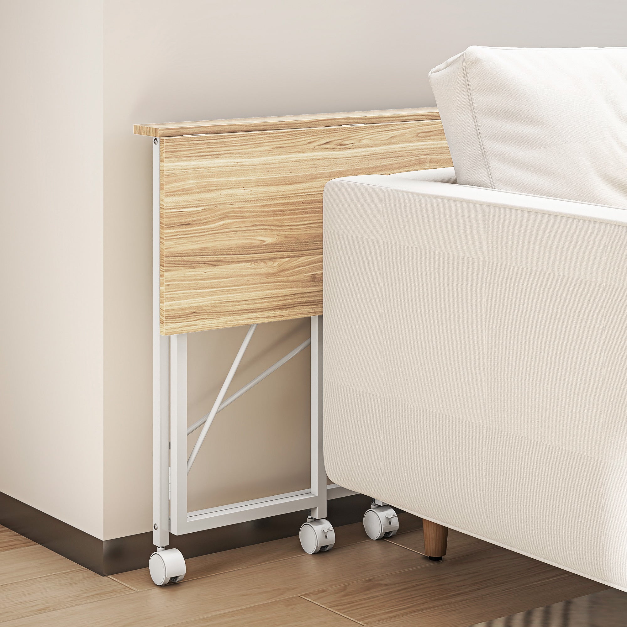 HOMCOM 80 cm Folding Desk on Wheels - Natural Tone - North Peak Garden Furniture