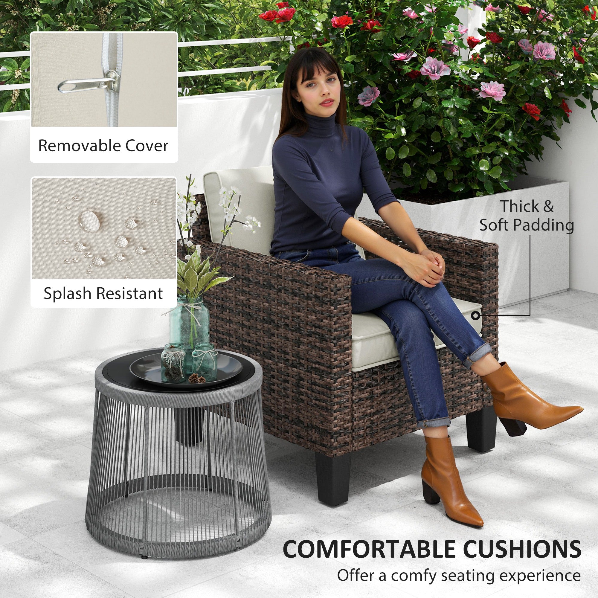Outsunny Single Rattan Armchair, with Cushions - Brown - North Peak Garden Furniture