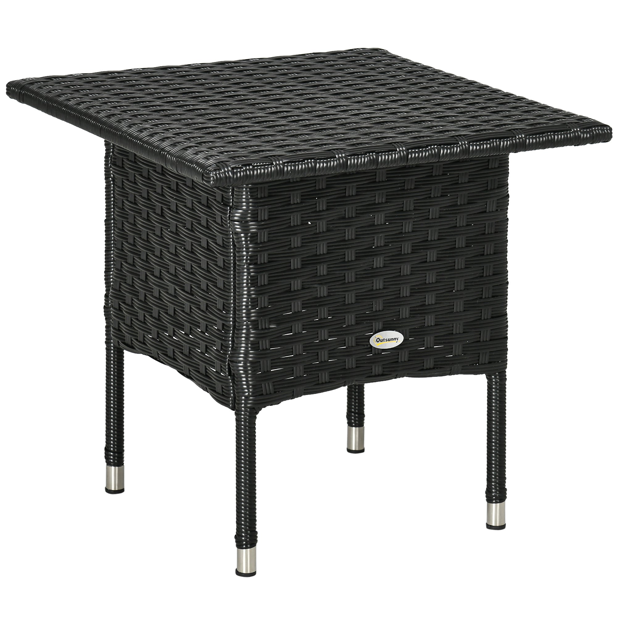 Outsunny Rattan Side Table, Outdoor Coffee Table with Plastic Board Under the Full Woven Table Top for Patio, Garden, Balcony, Black