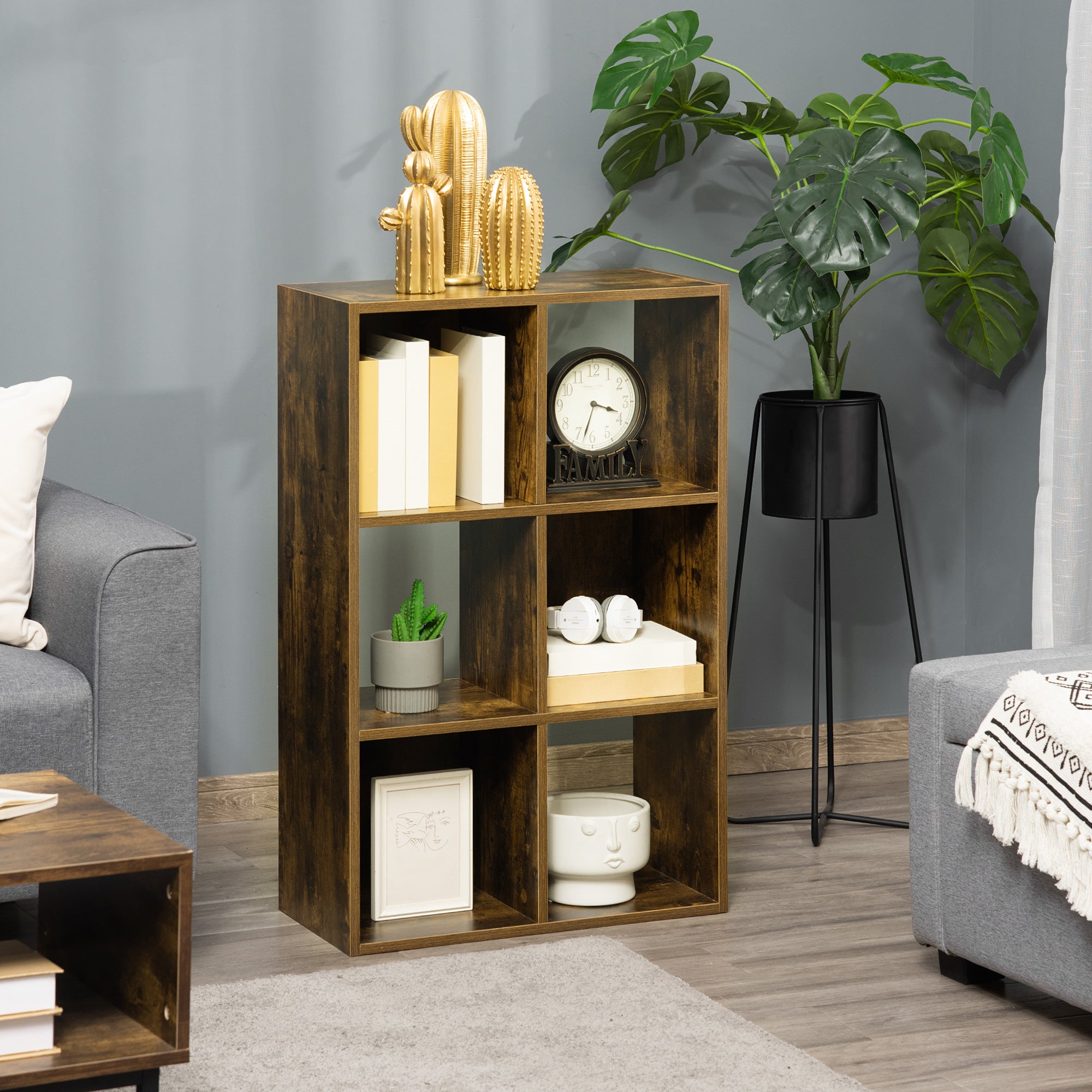 HOMCOM Industrial Style Storage Shelf, Bookcase, Bookshelf with 6 Compartments, Freestanding Shelving Unit for Living Room, Home Study, Rustic Brown - North Peak Garden Furniture
