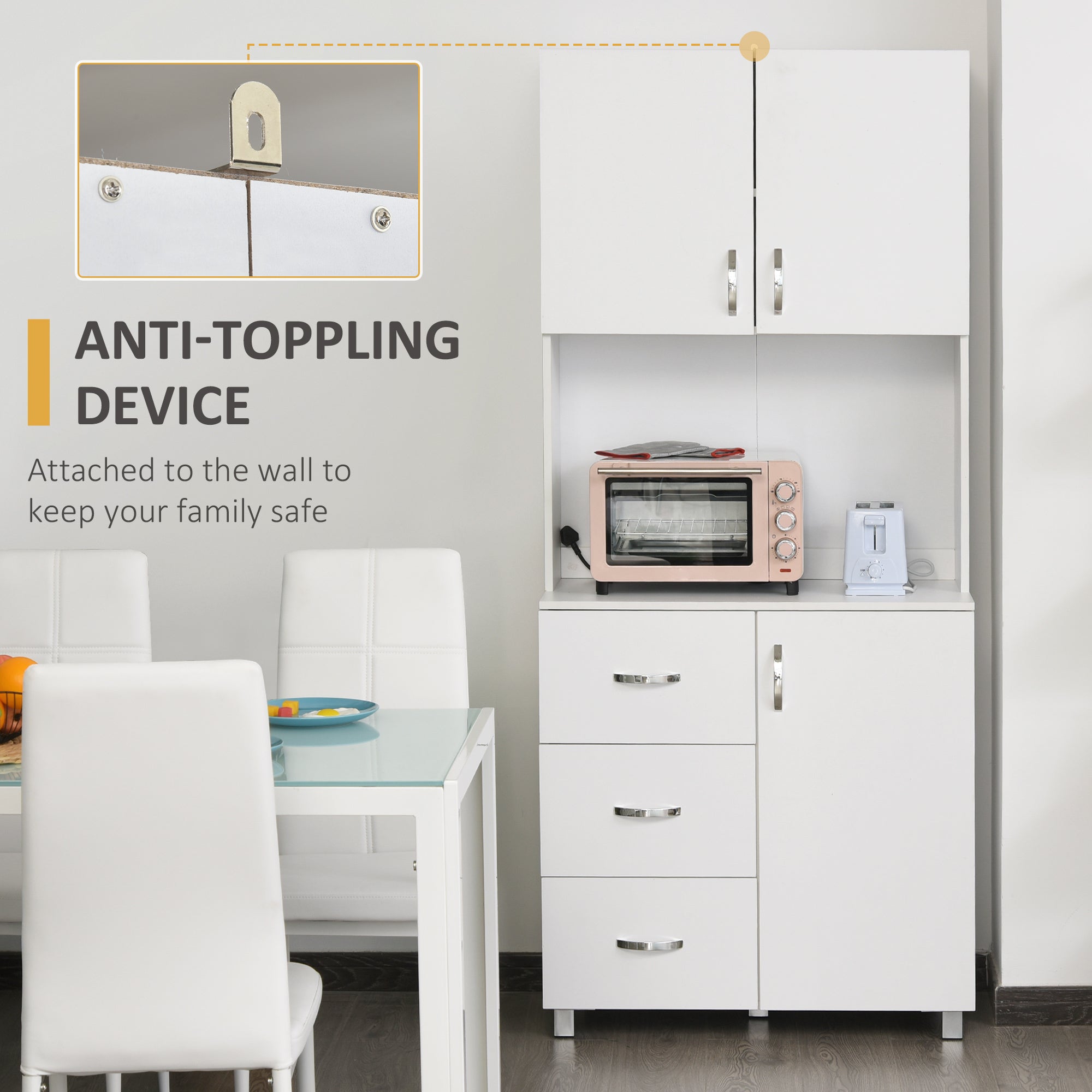 HOMCOM Free standing Kitchen Cupboard, Storage Cabinet with Doors and Sheleves, 3 drawers and Open Space, Adjustable Height Storage Unit, White - North Peak Garden Furniture