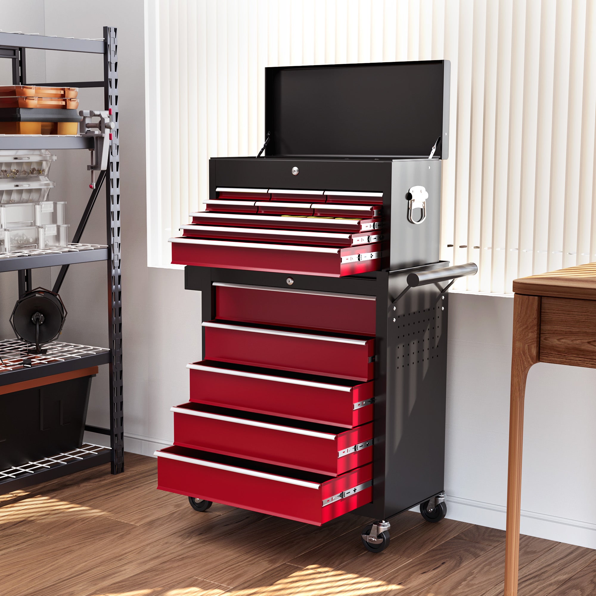 HOMCOM 19 Drawer, Two-Part Tool Storage Chest on Wheels - Red