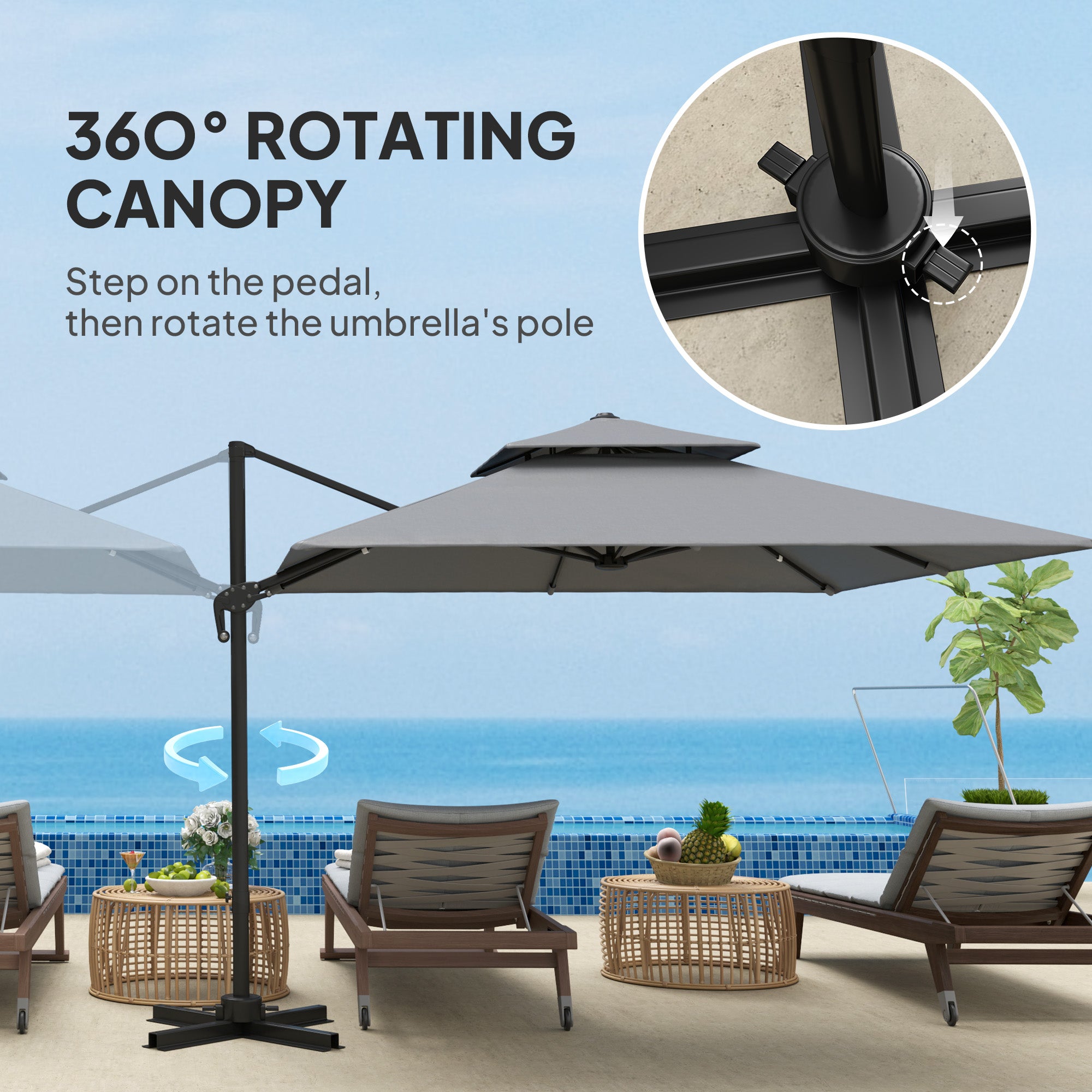 Outsunny 3 x 3(m) Cantilever Parasol with Aluminium Frame, Crank and Tilt, 360° Rotation, Double Top Garden Umbrella with Base and Cover, Light Grey - North Peak Garden Furniture