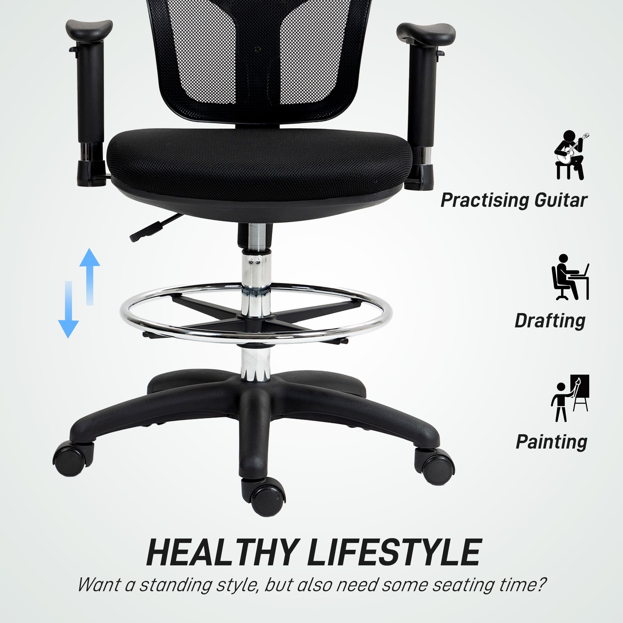 HOMCOM Drafting Chair with Adjustable Armrests, Ergonomic Mesh Office Chair with Lumbar Support, Adjustable Height and Footrest for Standing Desk, Black - North Peak Garden Furniture
