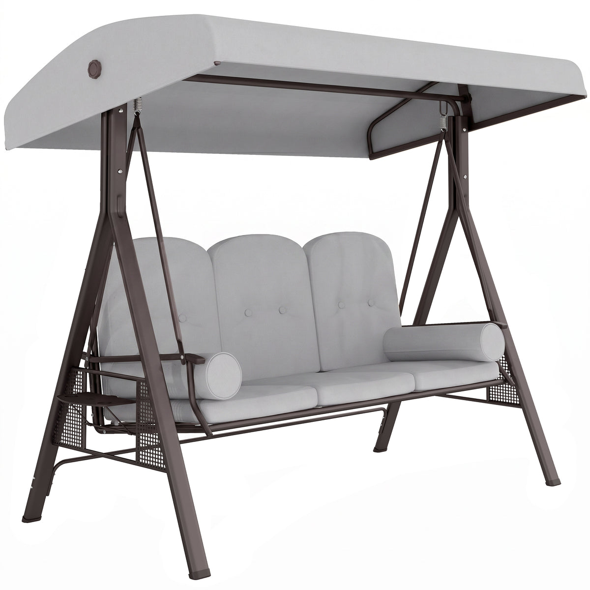 Outsunny 3 Seater Canopy Swing Chair, Outdoor Garden Swing Seat with Adjustable Canopy, Cushions and Cup Trays, Steel Frame, Light Grey