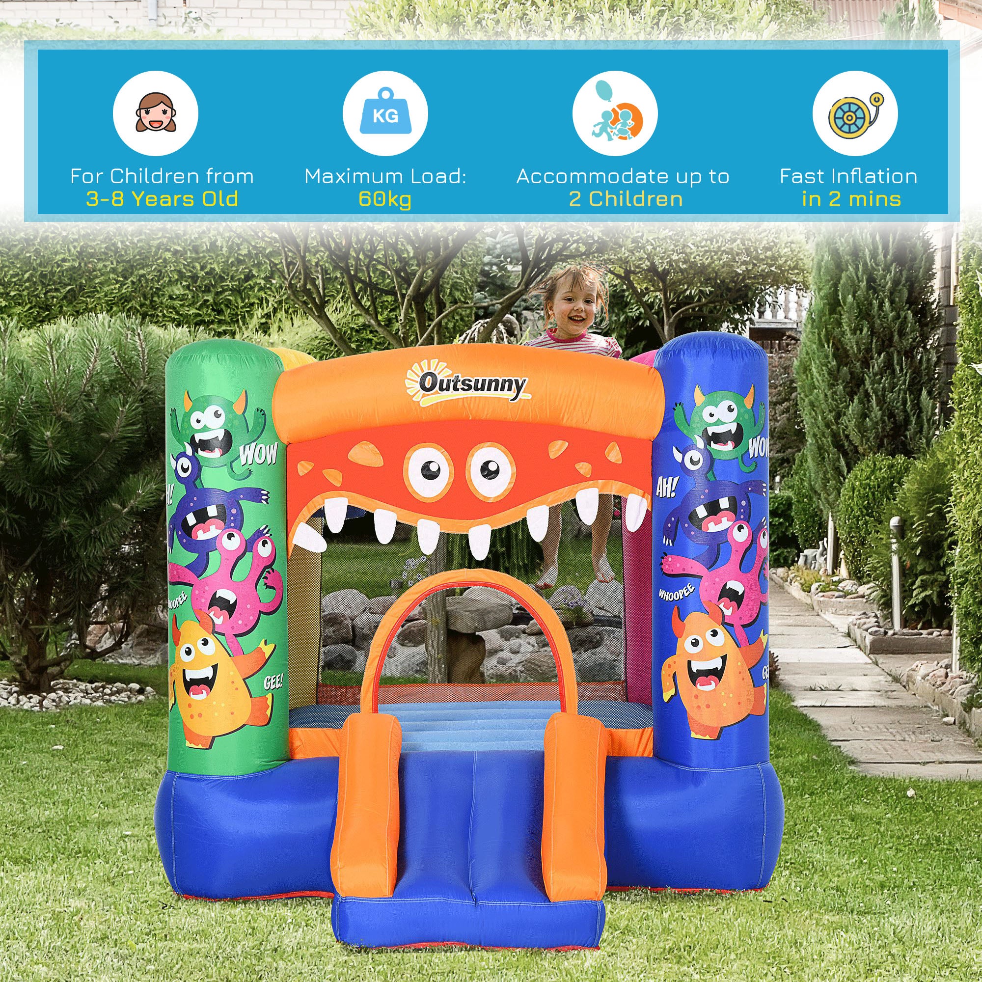 Outsunny Bouncy Castle Inflatable Basket Trampoline Slide Monster Design 180 x 250 x 175 (CM)