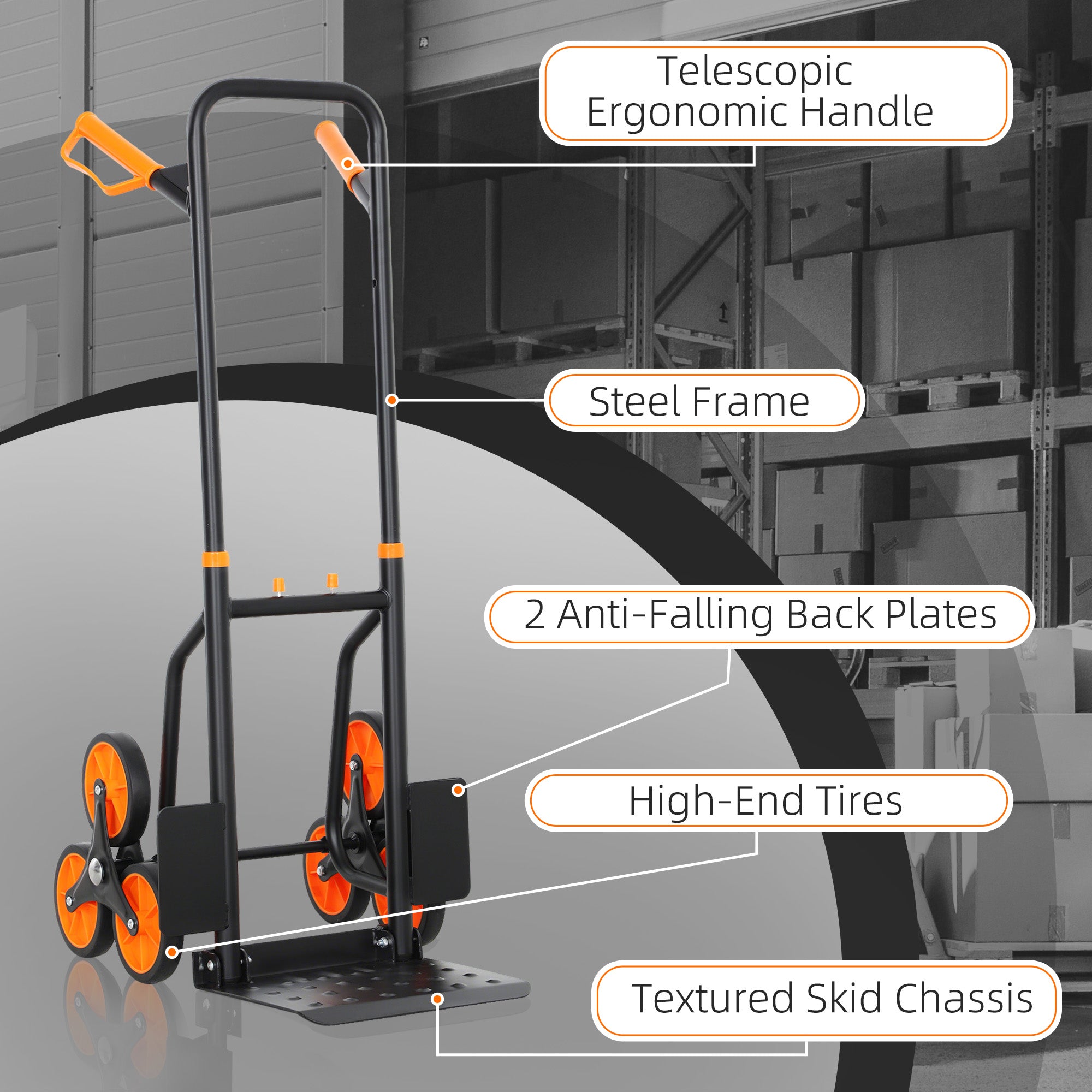 DURHAND Steel Climbing Stairs Trolley Hand Trucks 6-Wheels Foldable Load Cart 120kg, Orange - North Peak Garden Furniture