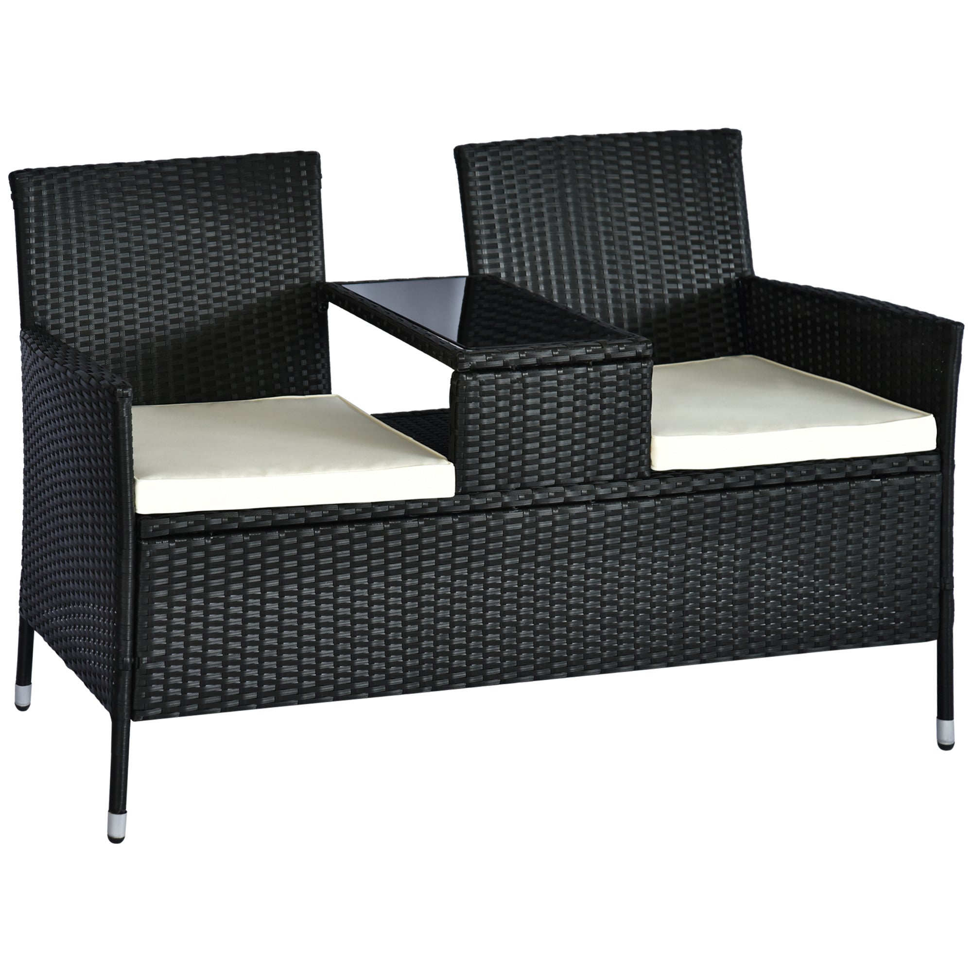 Outsunny 2 Seater Rattan Campanion Chair Wicker Loveseat Outdoor Patio Armchair with Drink Table Garden Furniture - Black - North Peak Garden Furniture