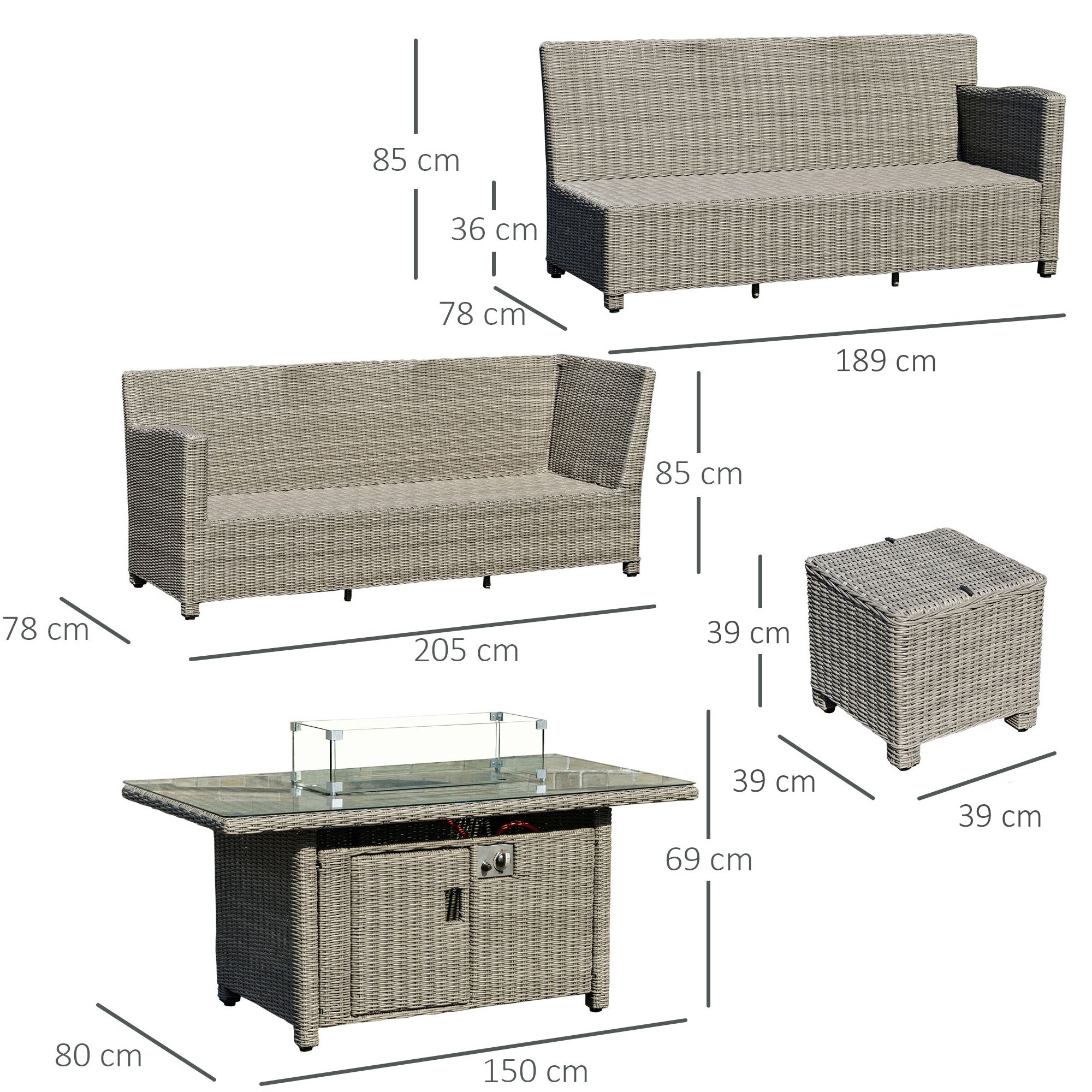 Outsunny 8-Seater Outdoor PE Rattan Sofa Set Conversation Set w/ Fire Pit Table, L-Shape Sofa, Footstool, Olefin Cushions and Furniture Cover