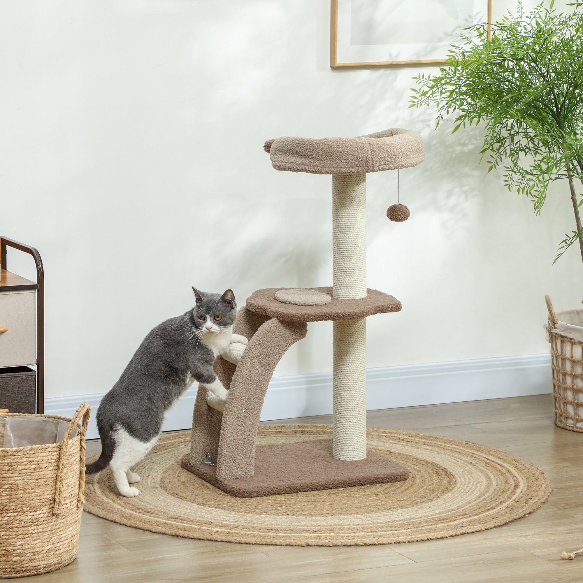 PawHut Cat Tee for Indoor Cats, 88cm Cat Tower with Sisal Scratching Post, Hanging Ball, Large Cat Perch, Stairs, Brown