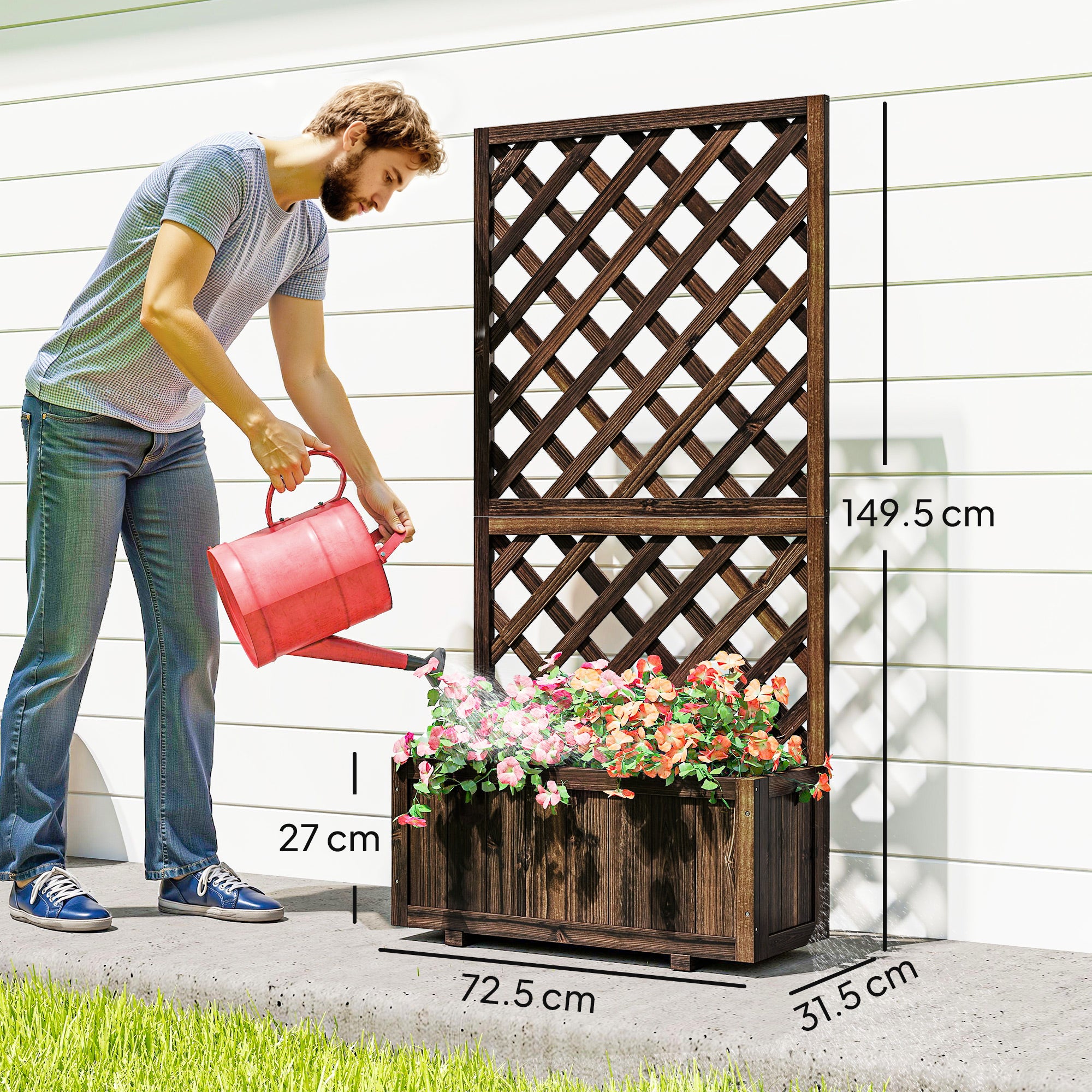 Outsunny 72.5 x 31.5 x 149.5 cm 45L Garden Wooden Pine Trough Planter with Topped Trellis Climbing Plants Flower Raised Bed, Carbonised Finish